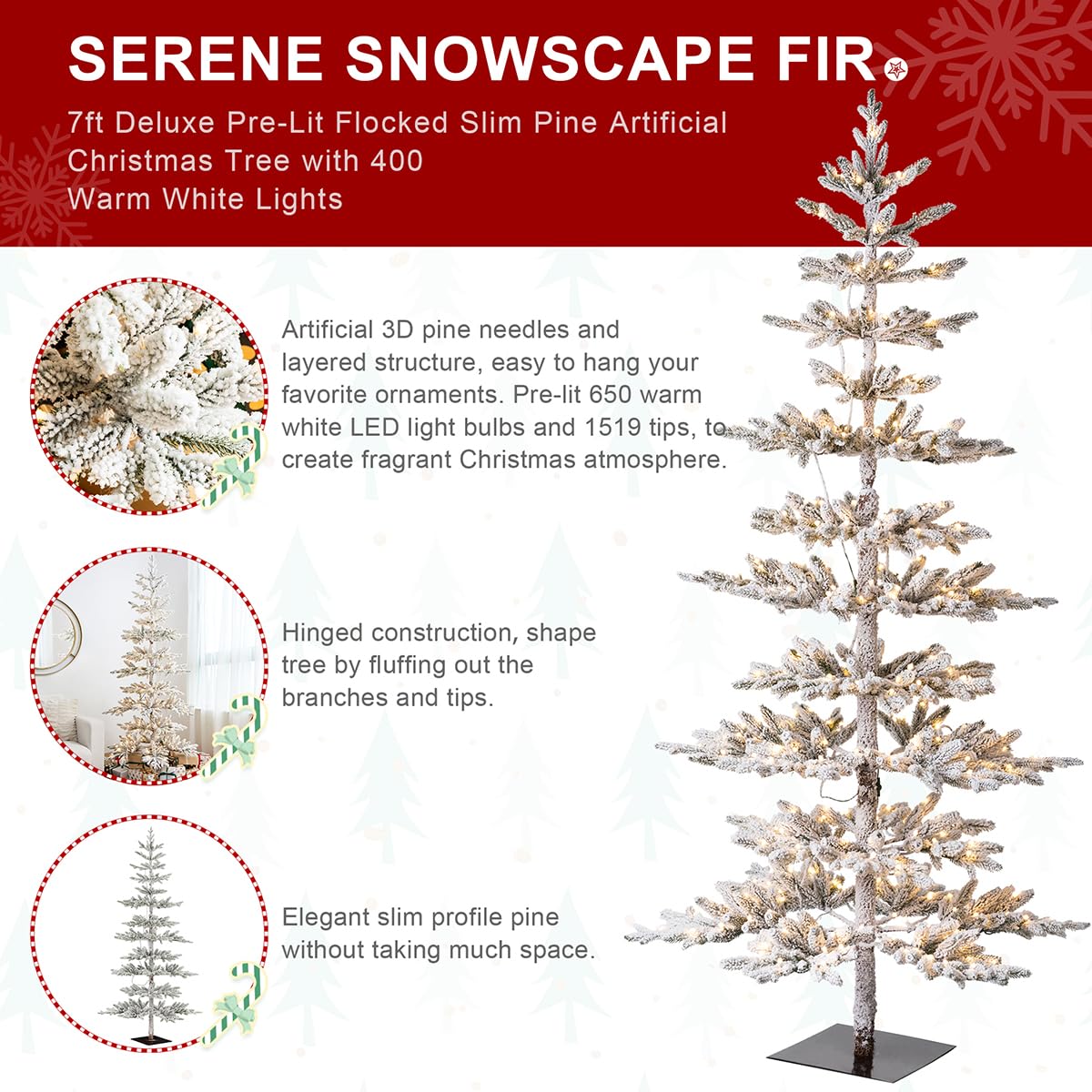 Glitzhome 7ft Pre-Lit Flocked Artificial Christmas Tree with 400 Warm White Lights - Premium Snow-Covered Pine Xmas Tree for Home, Office & Holiday Decor | Perfect for Living Room, Party & Winter Festival Decorations