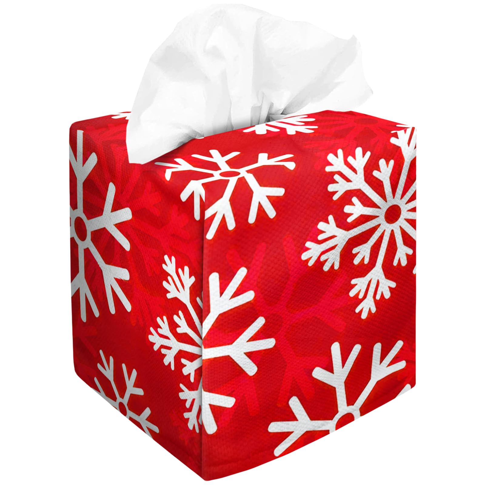 IRADA Square Velvet Tissue Box Cover - Decorative Cute Funny Cube Holder for Christmas Decor with Snowflake Design (Red) - Perfect for Home, Office, and Holiday Decorations