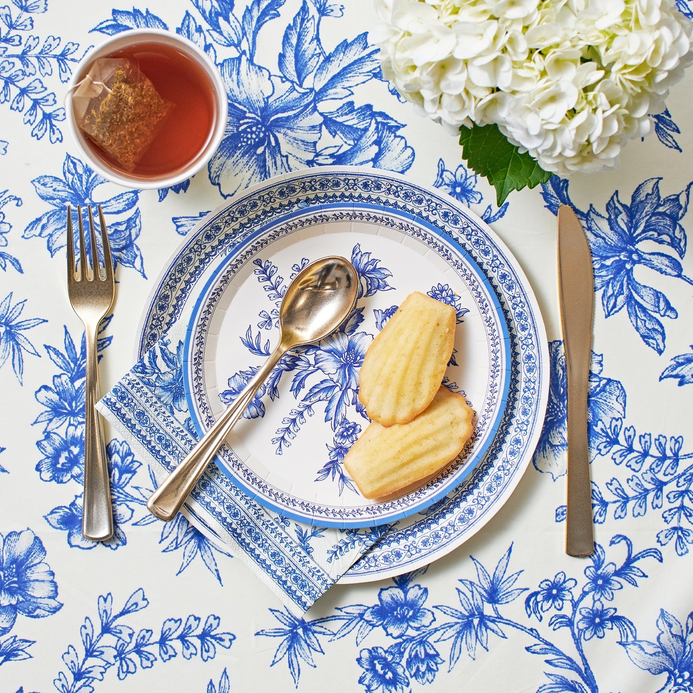 Blue French Toile Paper Tablecloth - Elegant Floral Design Disposable Table Cover for Parties, Weddings & Outdoor Dining