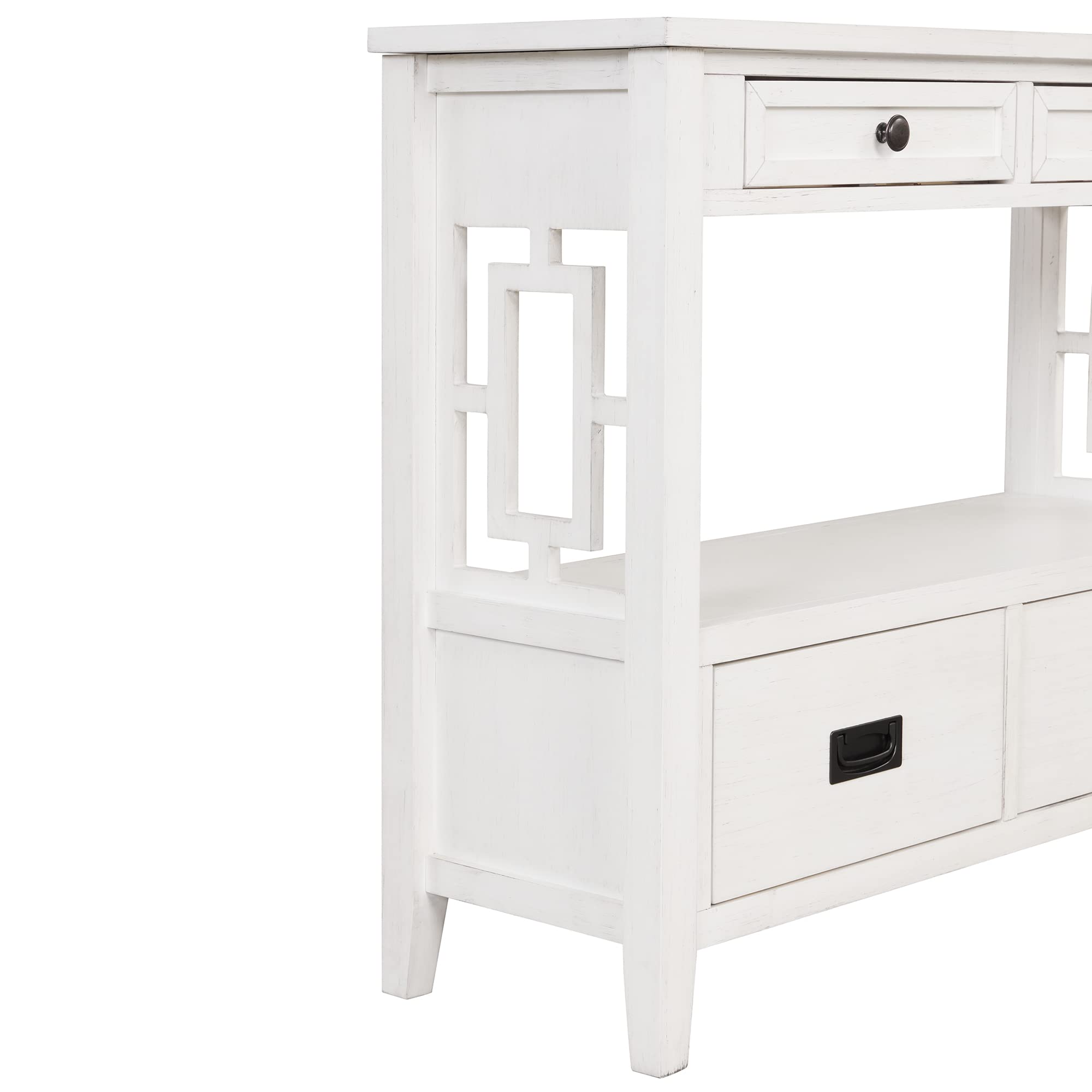 P PURLOVE Wooden Sofa Table Console Table with 4 Storage Drawers & 1 Shelf - Entryway, Living Room, Hallway, Bedroom Furniture - Antique White Finish for Home Decor & Organization