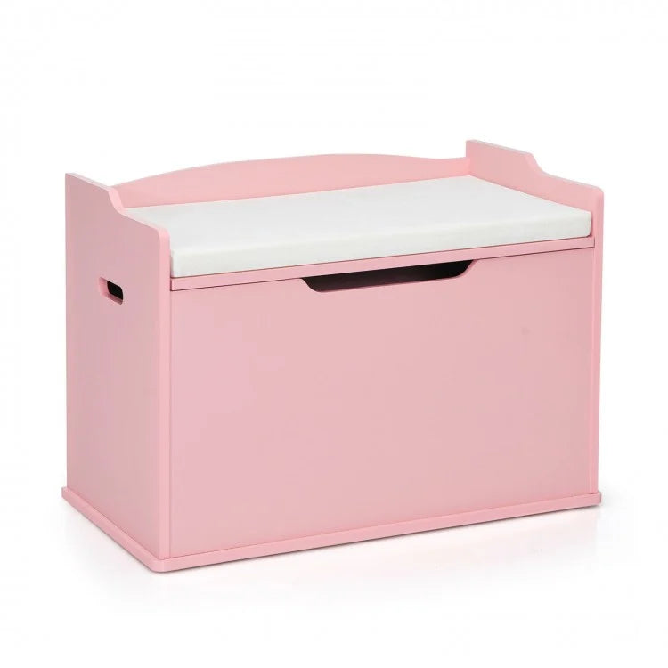 Wooden Flip Top Storage Box with Cushion - Kids Toy Chest Bench with Hinge in Pink | Perfect for Nursery, Playroom & Bedroom Organization