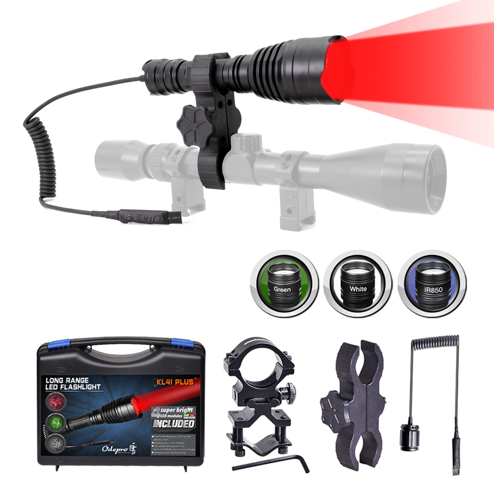 KL41Plus Hunting Flashlight Kit with Red/Green/IR850/White Interchangeable Modules - Long Range Scope Mount Predator Light with Remote Pressure Switch - Perfect for Coyote, Hog, Varmint Night Hunting & Tactical Outdoor Adventures