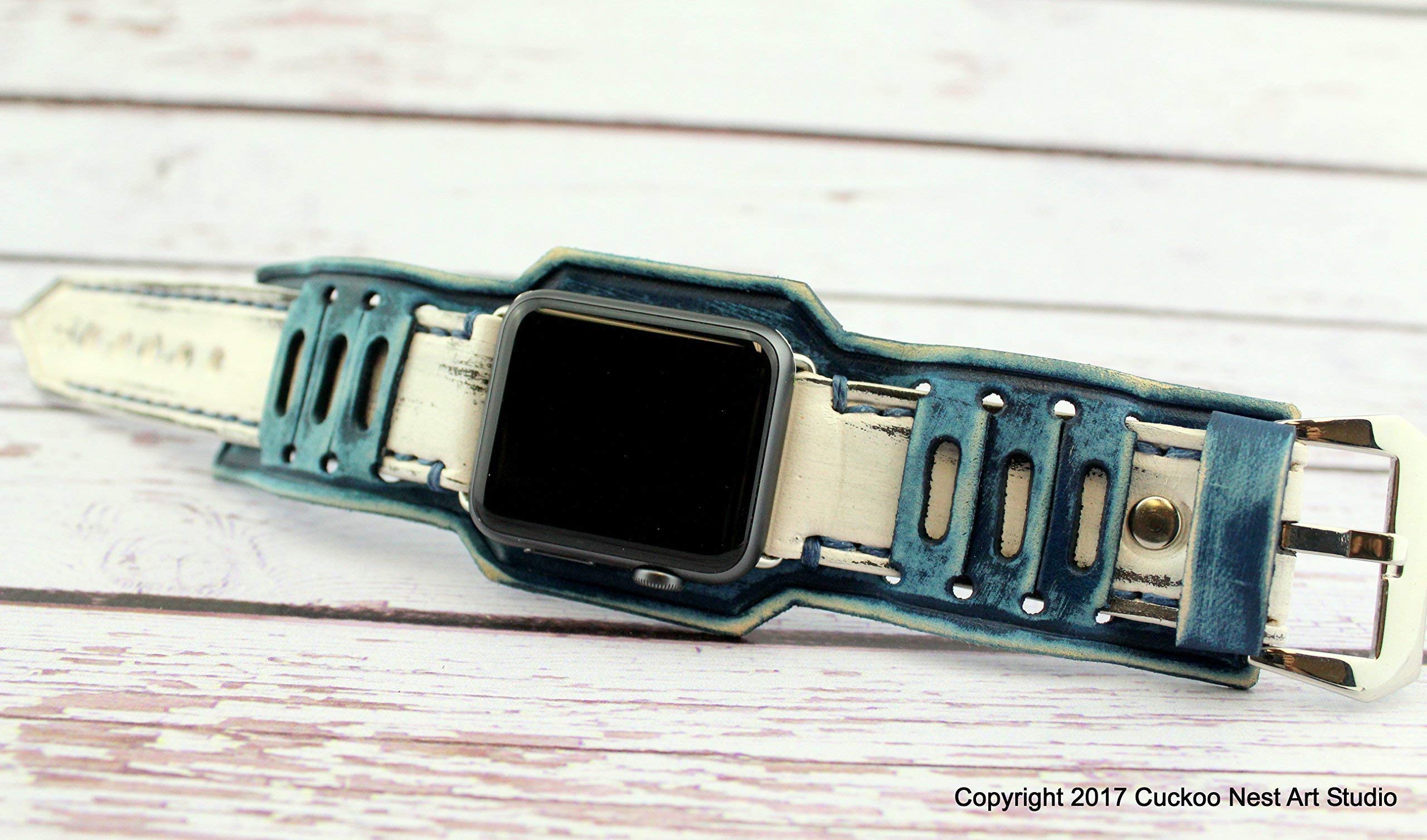Vintage Distressed Blue and White Leather Apple Watch Band - Adjustable Cuff Strap Compatible with Series 1-10 & Ultra 1-2 | Perfect for Casual Wear, Office Style & Everyday Use