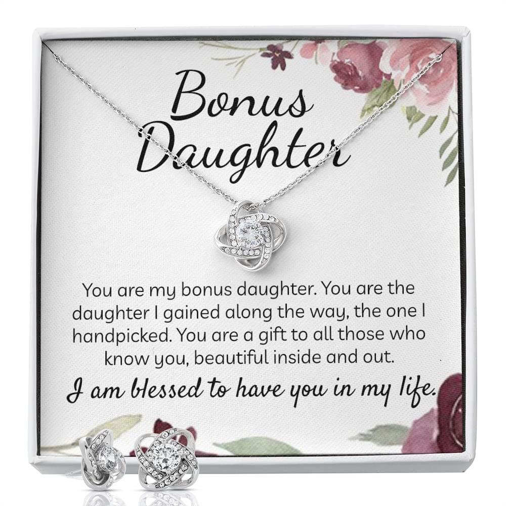 Stepdaughter Necklace Gift - Bonus Daughter Jewelry from Stepmom, Adopted Daughter Keepsake, Love Knot Necklace & Earring Set for Girls | Perfect for Birthdays, Mother's Day & Special Occasions
