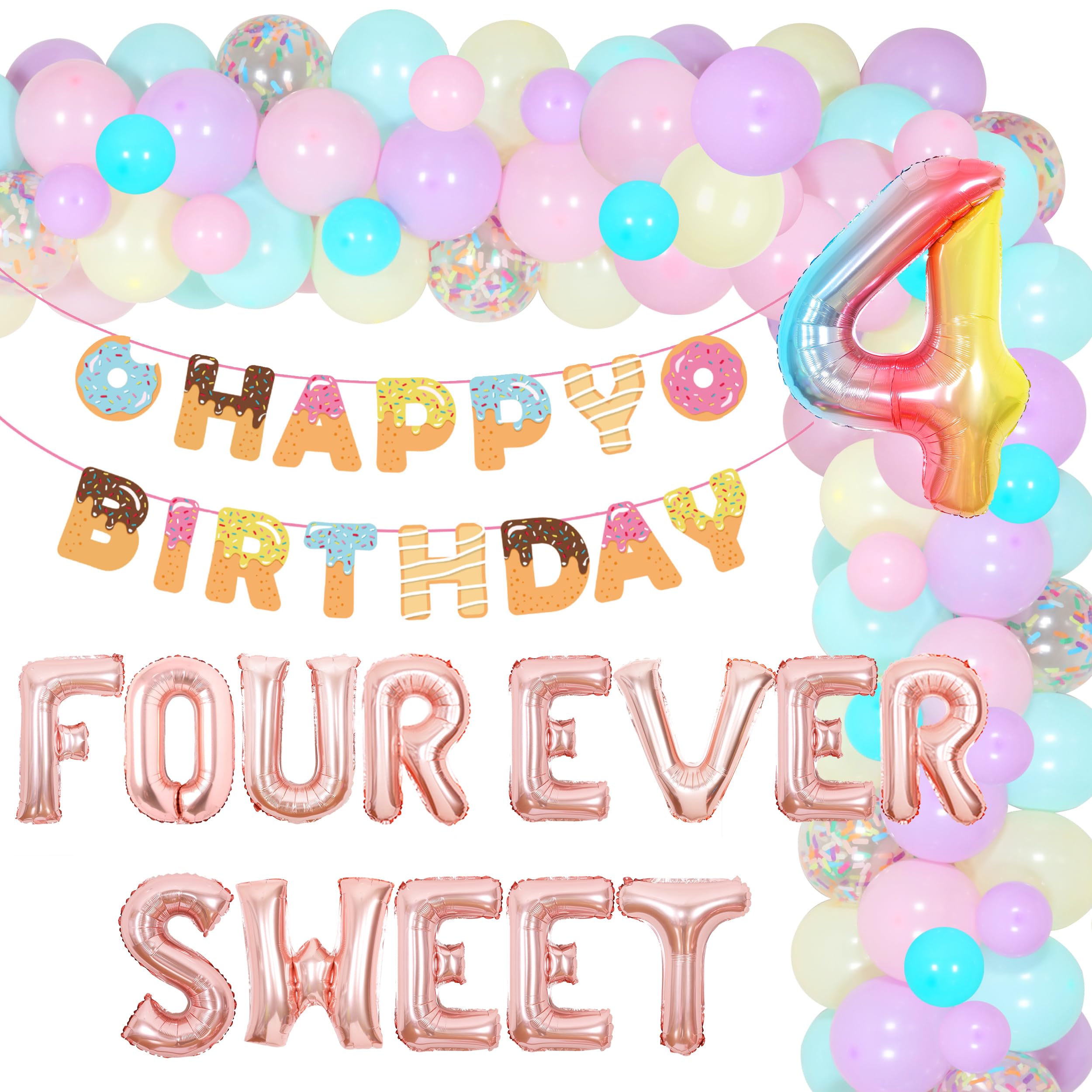 Donut 4th Birthday Party Decorations Set - Four Ever Sweet Theme for Girls, Doughnut Balloon Arch & Happy Birthday Banner - Perfect for 4 Year Old's Party, Baby Shower, or Dessert-Themed Celebration