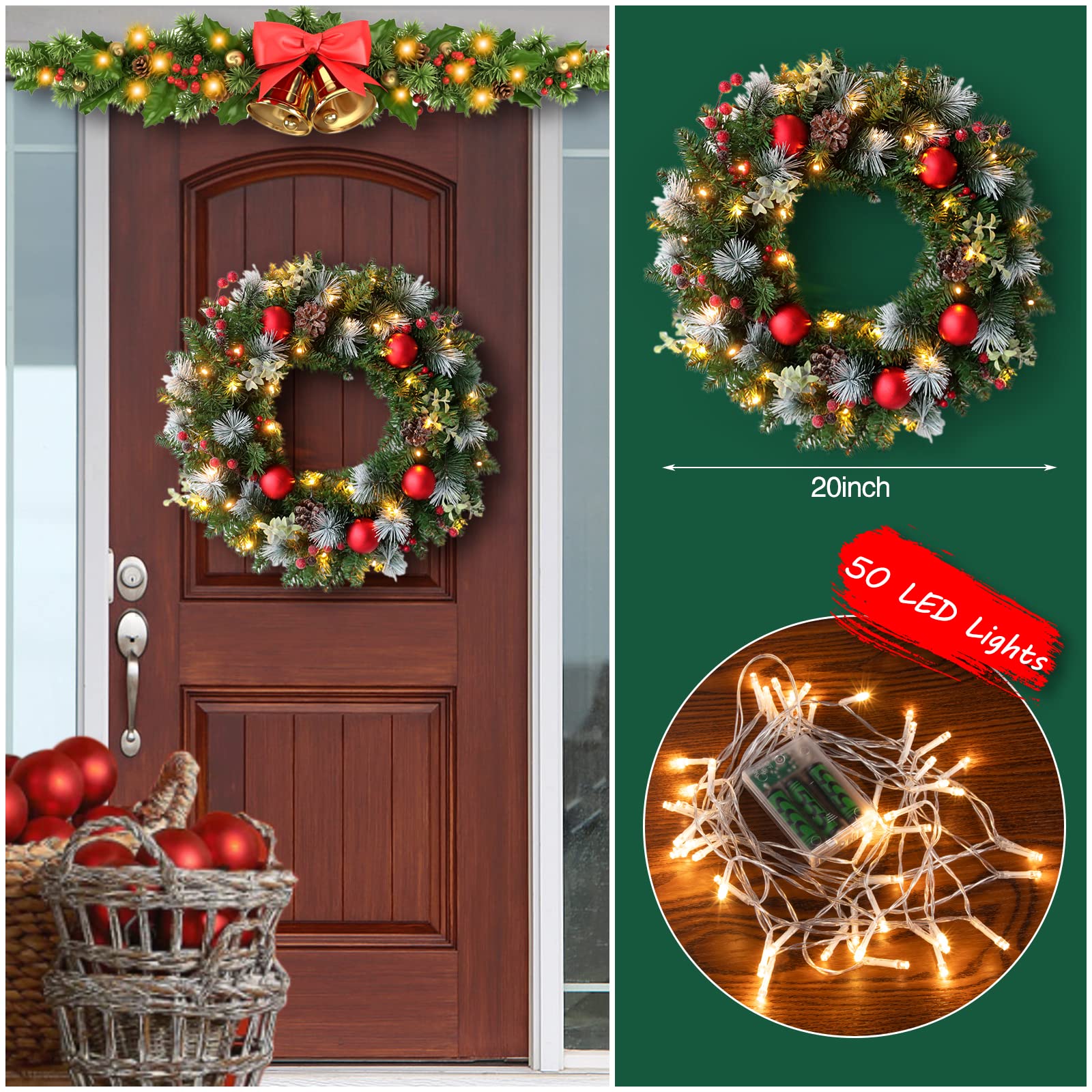20 Inch Pre-Lit Artificial Christmas Wreath with LED Lights, Pine Cones, Berries & Frosted Branches - Indoor/Outdoor Holiday Decor for Windows, Doors & Fireplace