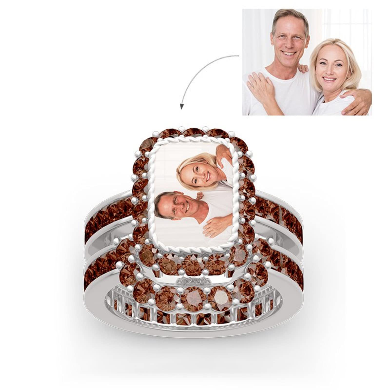 Jeulia Personalized Photo Ring Set - Custom Diamond Engraved Sterling Silver Band for Engagement, Anniversary & Wedding - Unique Couple Rings for Her & Him - Perfect Gift for Romantic Occasions