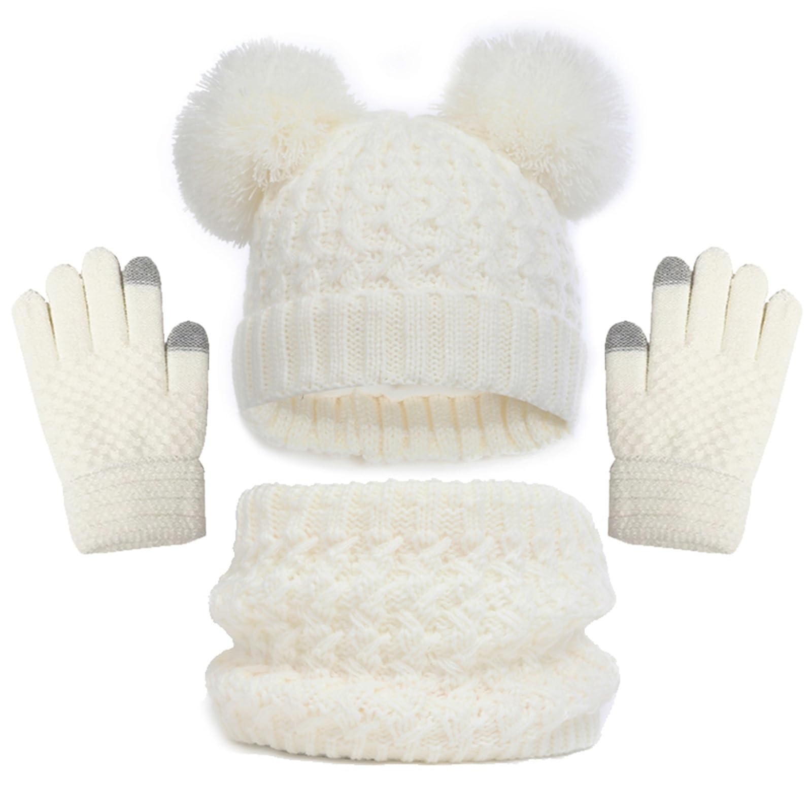 Girls Winter Hat Gloves Scarf Set - Fleece Lined Knit Beanie with Pom Pom, Neck Warmer & Mittens for Toddlers & Kids - Warm Baby Winter Accessories for Snow Play, Outdoor Activities & Cold Weather
