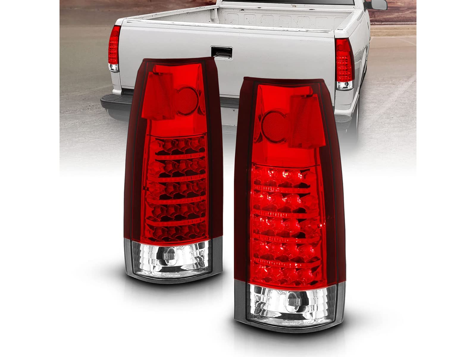 AmeriLite LED Tail Lights Assembly Pair for 1988-1999 Chevy GMC C/K Pickup Truck Tahoe Suburban - Crystal Red Replacement Lights (Driver & Passenger Side) | Enhanced Visibility & Style for Night Driving & Custom Builds