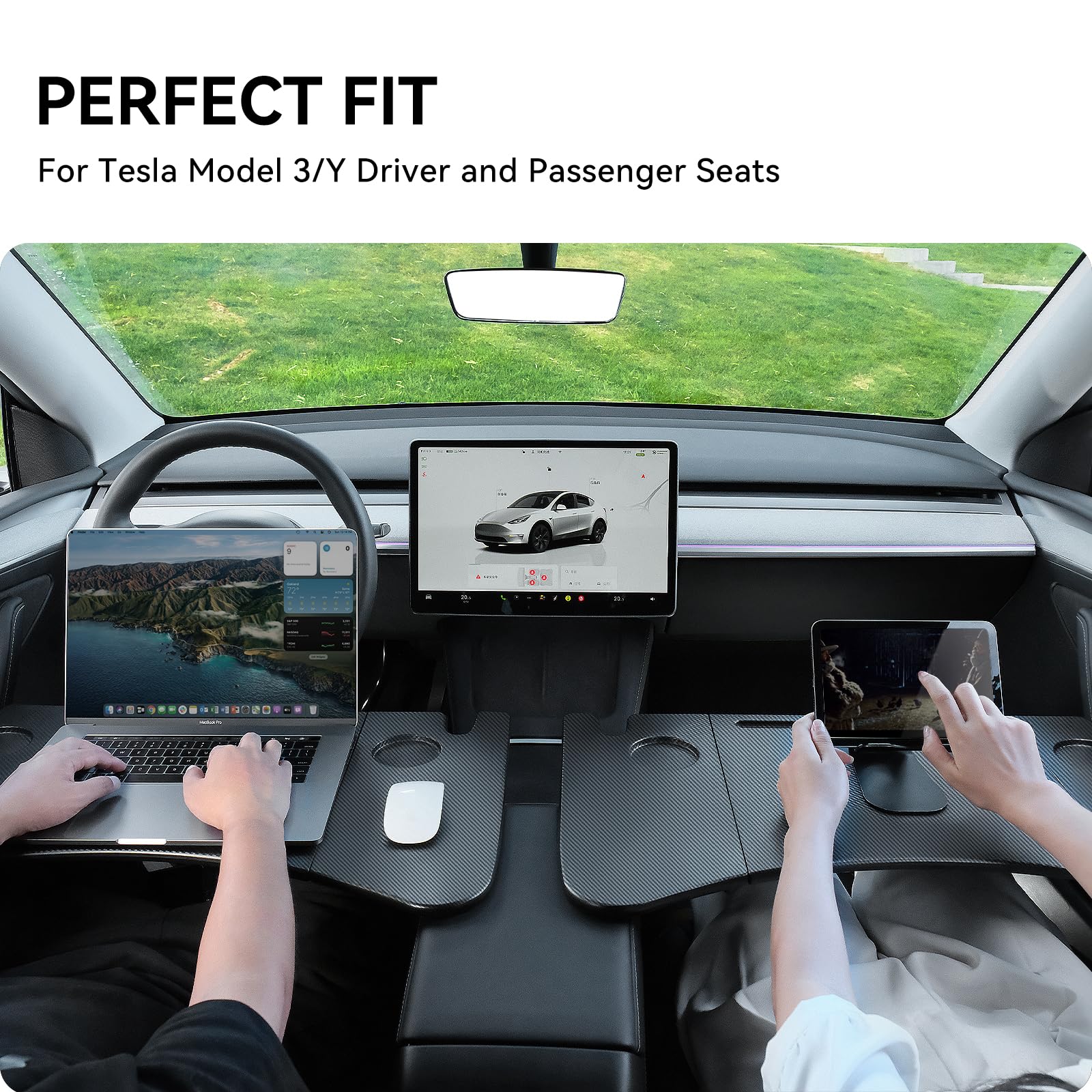 YONZEE Foldable Car Laptop Desk for Tesla Model 3 & Model Y (2021-2024) - Carbon Fiber Edition | Portable Workstation for In-Car Office, Dining & Outdoor Travel | 2-Pack Multi-Purpose Vehicle Accessories