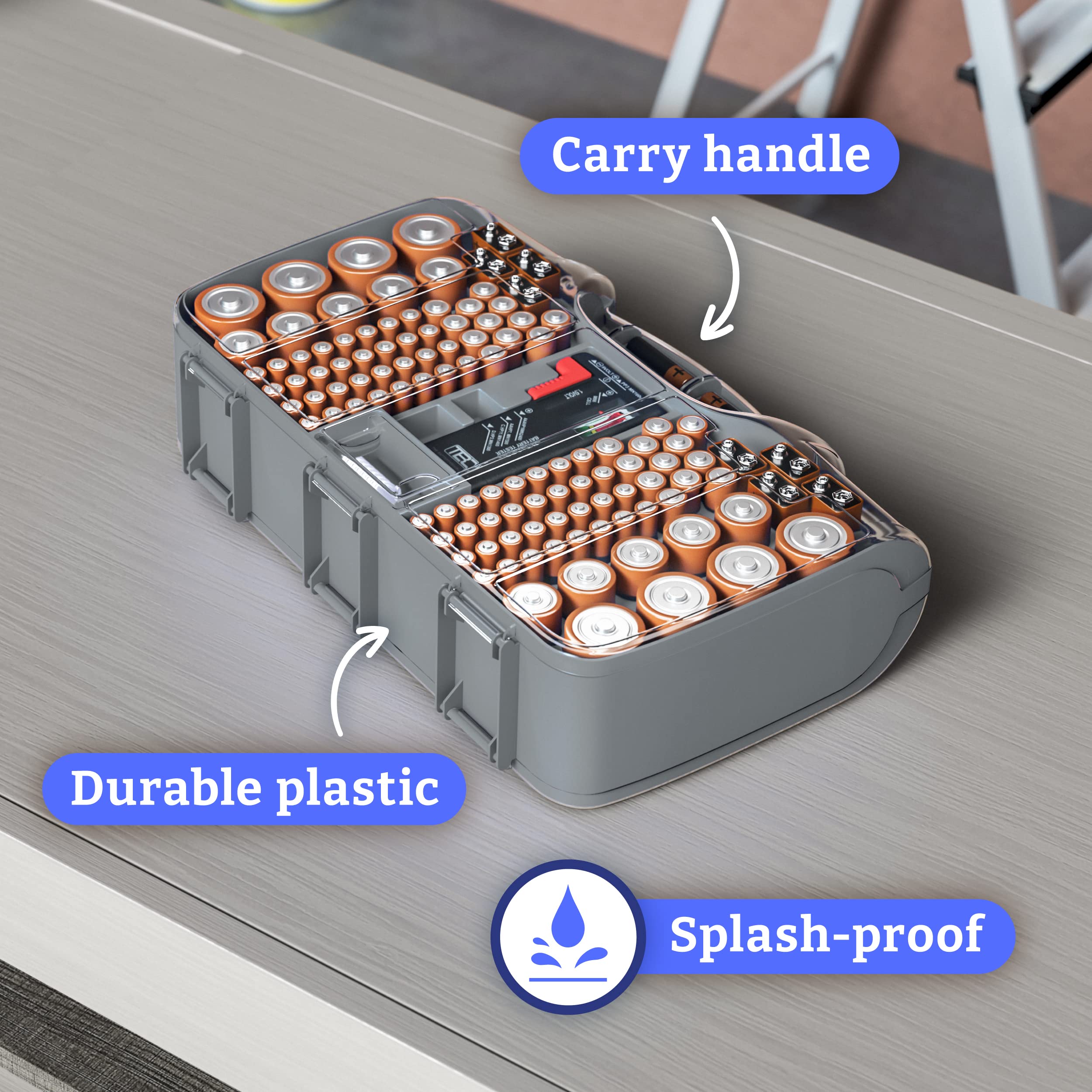 Premium Battery Organizer Storage Case with Hinged Clear Cover - Includes Removable Battery Tester - Holds 180 AA AAA C D 9V Batteries - Durable Gray Case for Home Office Garage Emergency Kits & Travel Accessories