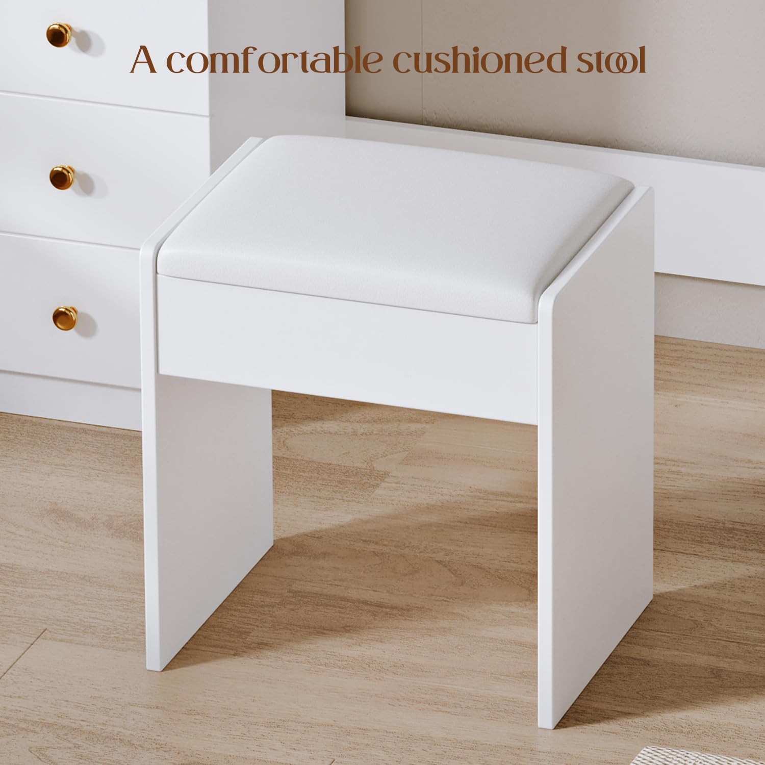 Modern White Large Vanity Desk with Chair - 11-Drawer High Capacity Makeup Dressing Table with Glass Top for Bedroom, Makeup Room | Perfect for Beauty Routine, Dressing Area & Home Decor