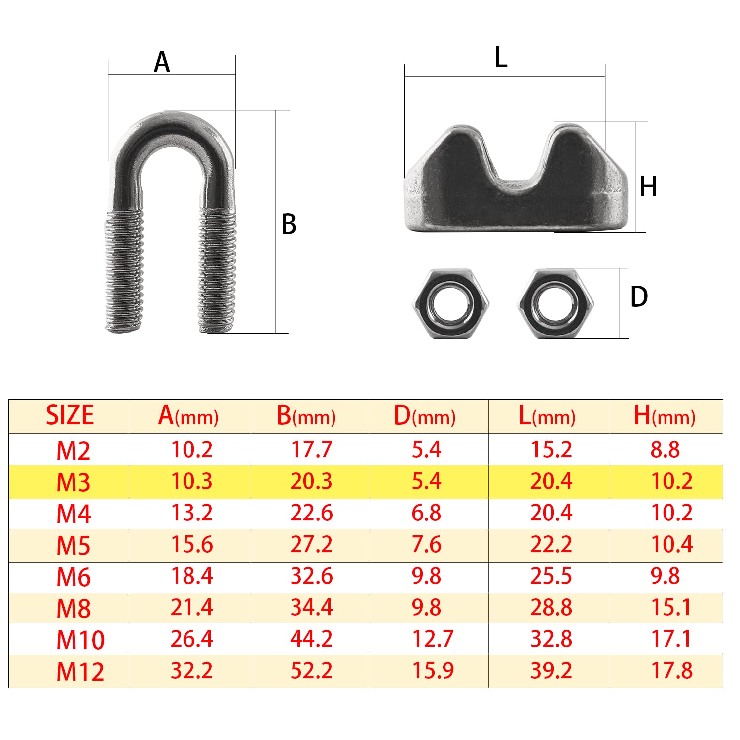 HSTECH 20PCS 1/8 Inch M3 304 Stainless Steel Wire Rope Cable Clips Clamps - Heavy Duty for Rigging, Guardrails, Load Securing, Hanging Banners & Flags - Perfect for Marine, Construction, DIY Projects