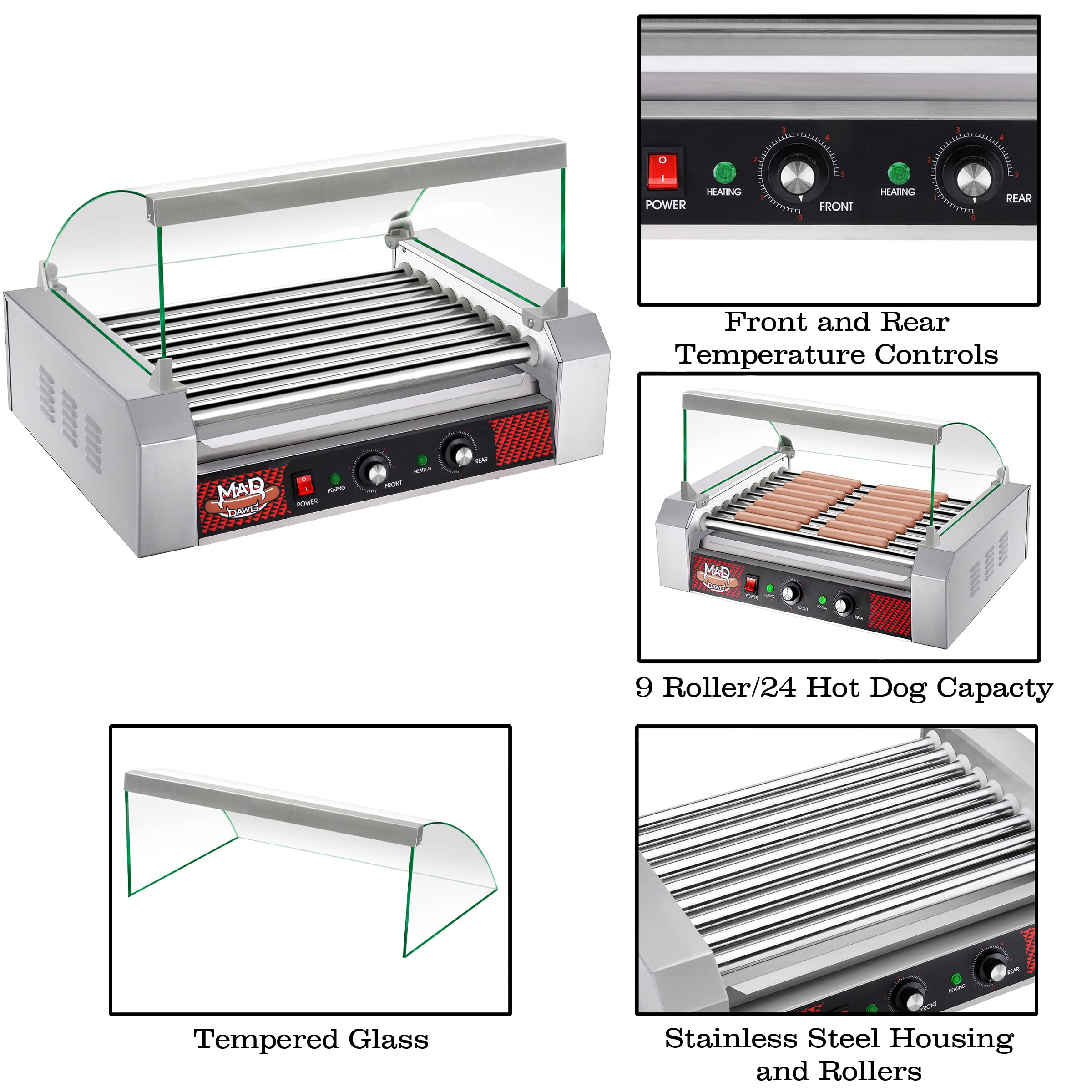 9 Roller Commercial Hot Dog Machine with Tempered Glass Cover - Countertop Hot Dog Roller Cooker for 24 Hotdogs, Brats & Sausages - Perfect for Restaurants, Food Trucks & Concession Stands