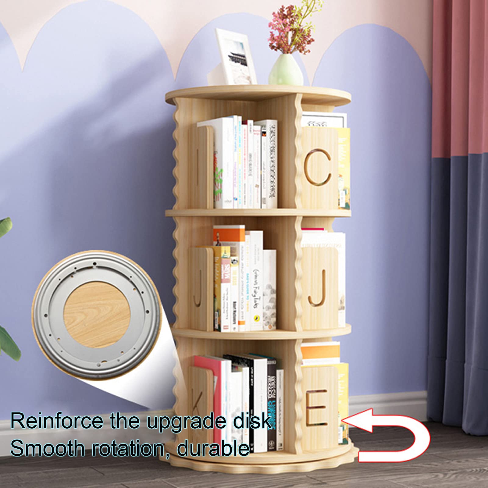 360° Rotating Solid Wood Bookcase with Removable Universal Wheels - Modern Revolving Book Storage Shelf for Home, Office, Kids Room - Perfect for Living Room Decor, Study Organization & Children's Book Display