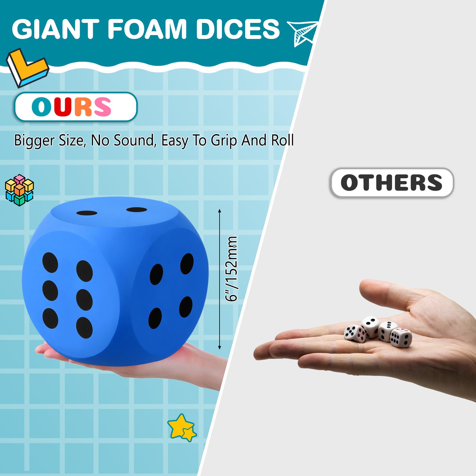 Shappy 6 Inch Soft Foam Dice - Giant Educational Toy for Game Nights & Learning Activities | Kawaii Style Jumbo Building Blocks | Safe Eva Foam Cube for Kids & Adults (Blue, 1 Piece) | Perfect for Family Game Nights, Classroom Activities & Party Decorations