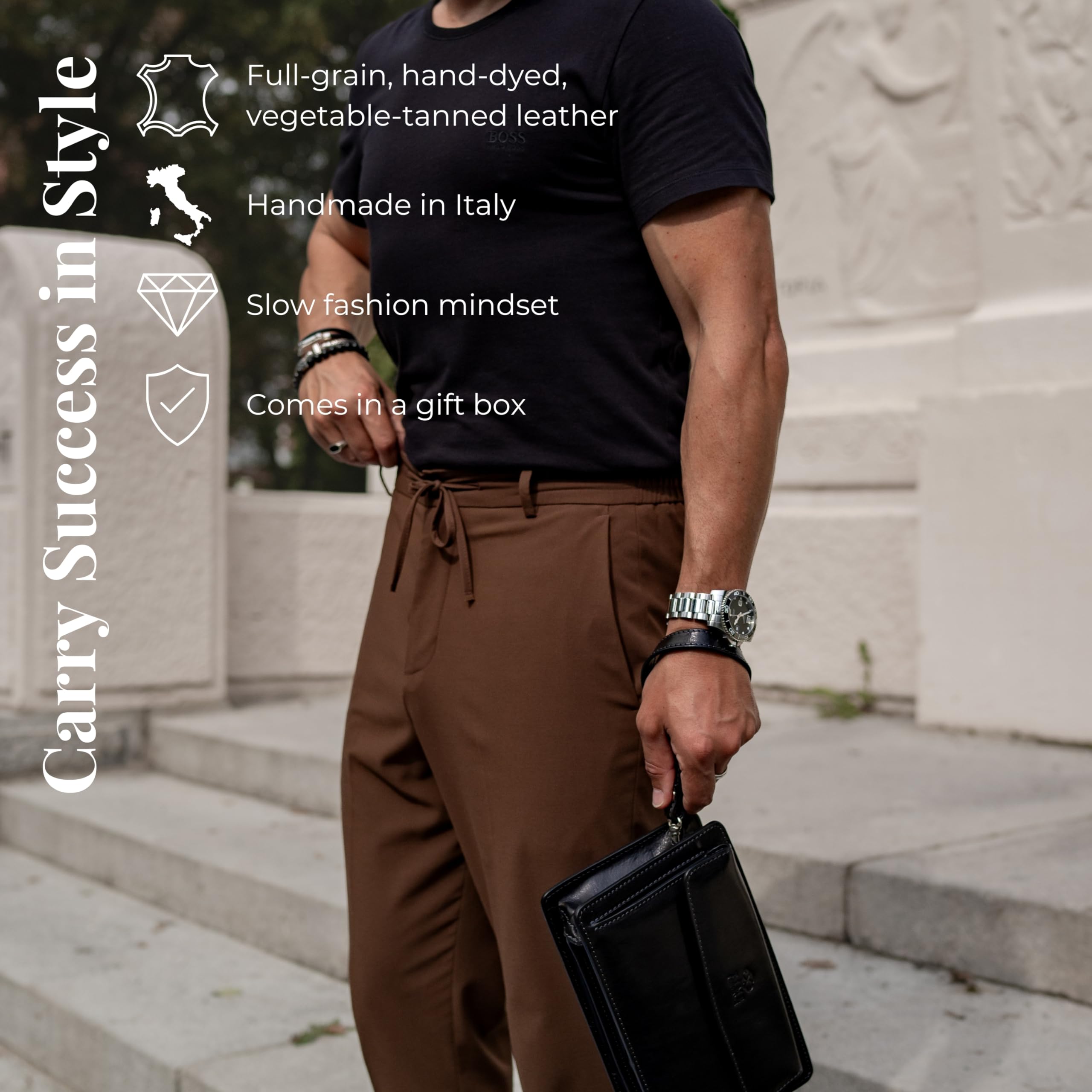 Premium Italian Leather Clutch for Men - Handmade Time Resistance Wrist Organizer Bag with Gift Box | Business Travel, Office Essentials & Luxury Gifting