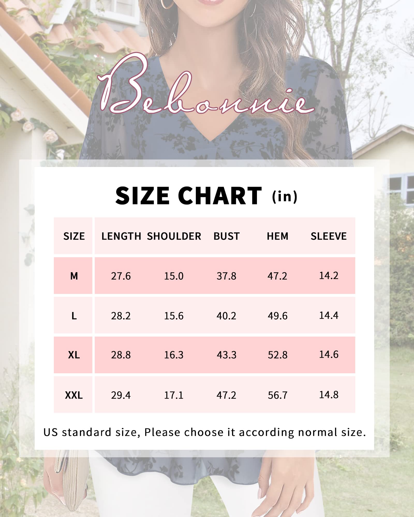Bebonnie Women's Floral Mesh Bell Sleeve V-Neck Blouse - Elegant Flowy Dressy Top for Work, Party & Date Night