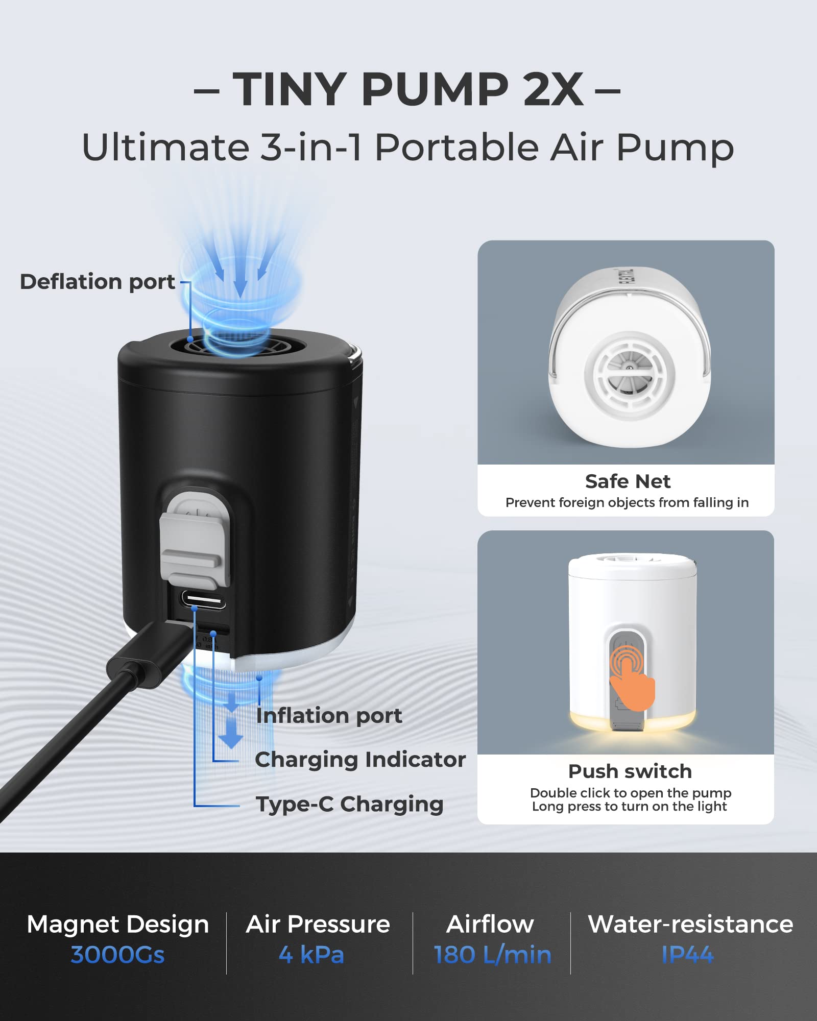 **FLEXTAILGEAR Portable Air Pump with Camping Lantern - Rechargeable 4kPa Tiny Pump for Inflatables, Air Mattress, Sleeping Pads, Pool Floats & Swimming Rings - Magnetic Design (White) - Perfect for Camping, Travel & Outdoor Adventures**