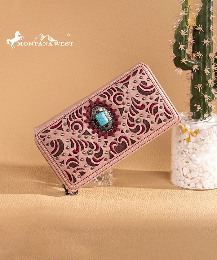 Montana West Cut Out Embroidered Concho Wallet for Women - Western Style Leather Bifold Wallet with ID Window - Perfect for Cowgirl Fashion, Rodeo Events and Everyday Use