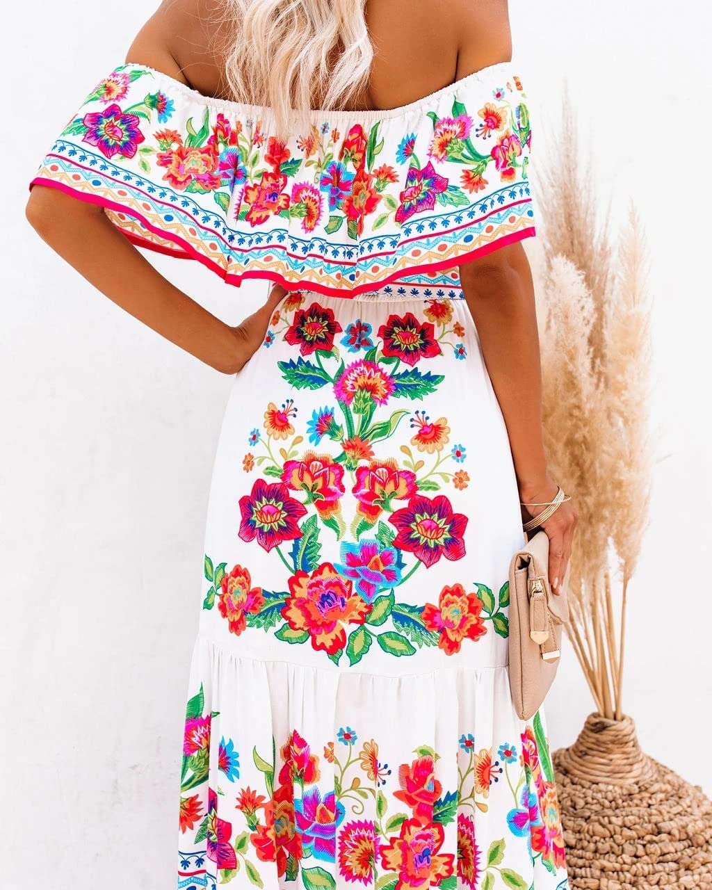 Women's Floral Maxi Dress - Off Shoulder Strapless Ruffle Short Sleeve Boho Beach Dress for Summer Vacation, Party & Date Night | Lightweight Flowy Ethnic Style