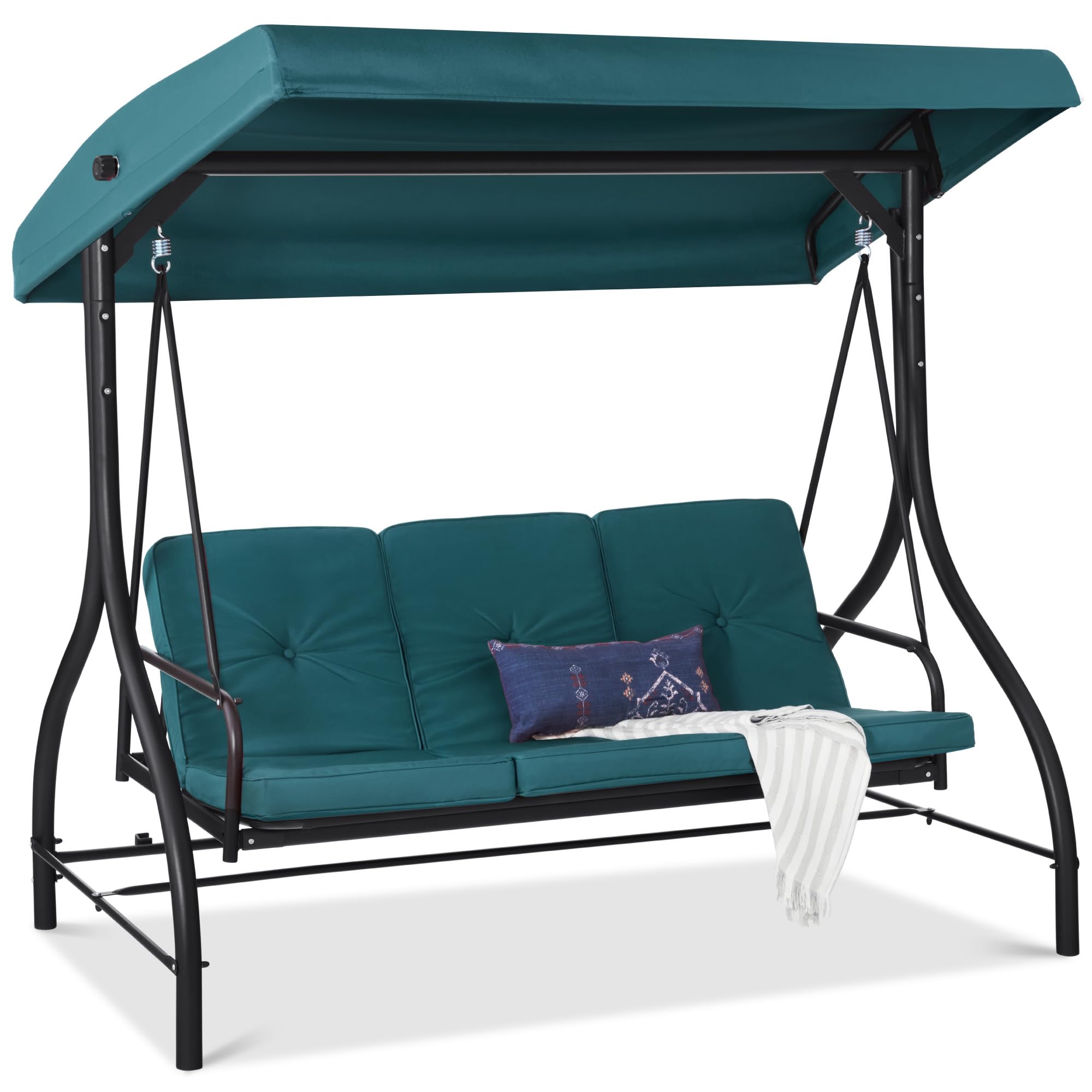 Best Choice Products 3-Seat Outdoor Canopy Swing Glider with Adjustable Shade & Removable Cushions - Patio Hammock Lounge Chair for Porch, Backyard, Garden - Peacock Blue - Perfect for Relaxing, Lounging & Outdoor Entertaining