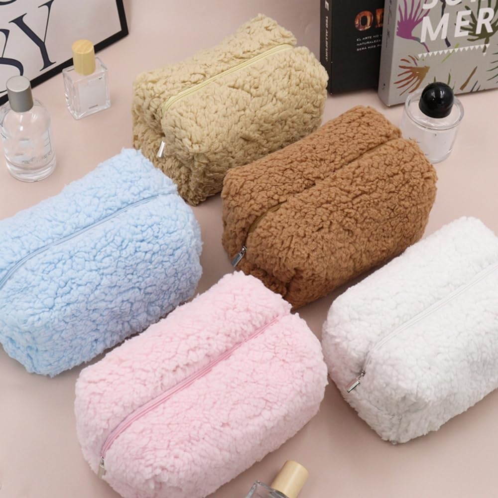 Soft Plush Makeup Bag for Women - Large Capacity Travel Cosmetic Organizer with Aesthetic Design, Preppy Style Cosmetic Pouch for Purse - Perfect for Makeup Storage, Travel Essentials & Daily Use (White)