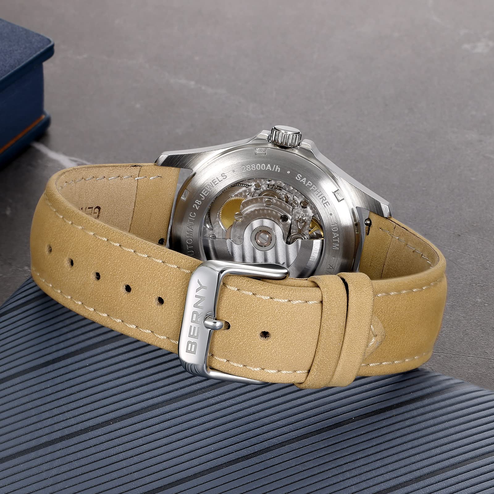 BERNY Men's Automatic Watch with Seagull ST2130 Movement - Leather Strap, Luminous Hands, 10ATM Waterproof, Sapphire Crystal Glass, Scratch Resistant - Perfect for Business, Casual & Outdoor Activities
