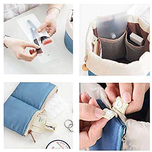 Awestuffs Large Barrel Shaped Travel Cosmetic Bag - Hanging Toiletry Organizer with Drawstring, Mini Zipper Jewelry Pocket & Clear PVC Pouch for Makeup Brushes (Blue) - Perfect for Travel, Camping, Gym & Daily Cosmetics Storage