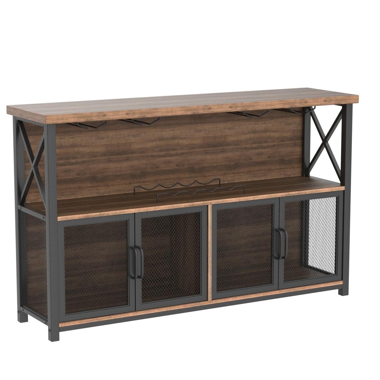 LVB Industrial Wine Bar Cabinet - 47 Inch Rustic Oak Buffet Sideboard with Metal & Wood Design for Liquor, Glasses & Coffee Storage | Perfect for Farmhouse Dining Room, Kitchen & Home Bar Setup