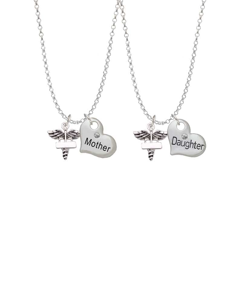 Delight Jewelry Silvertone Engraveable Caduceus Mother Daughter Heart Necklace Set (2-Piece) - 19+2 Inch Adjustable Chain - Perfect for Birthdays, Anniversaries & Special Bonding Moments
