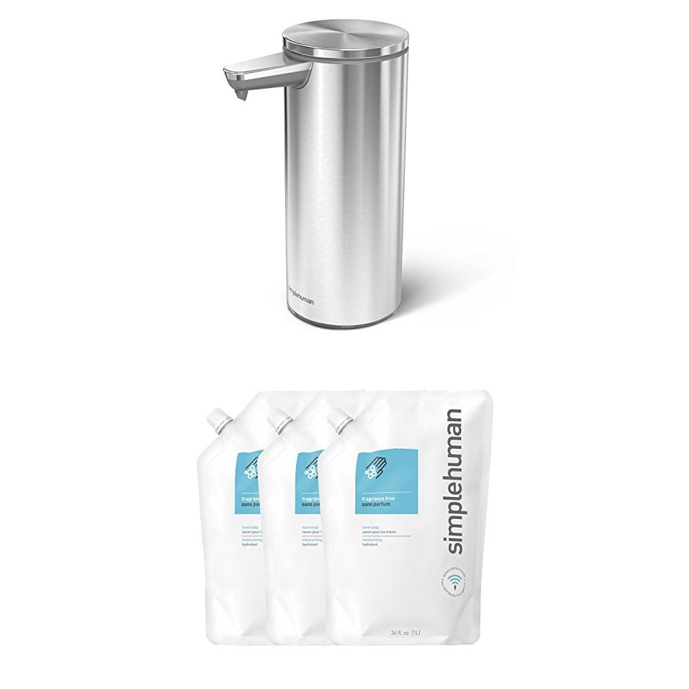 Simplehuman 9 Oz. Sensor Soap Pump - Brushed Stainless Steel with 3 Pack Fragrance-Free Moisturizing Gel Soap | Automatic Touchless Soap Dispenser for Kitchen, Bathroom & Office