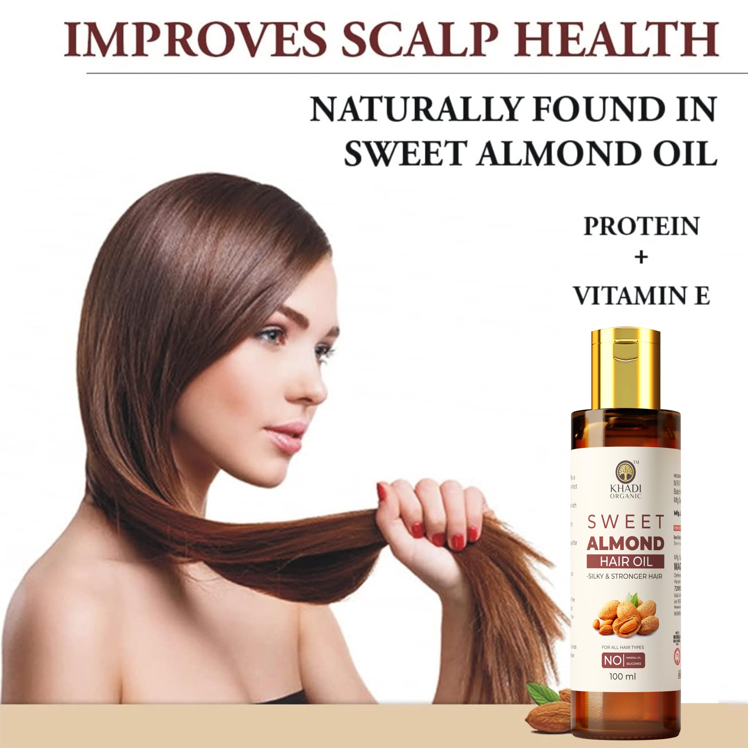 KHADI ORGANIC Sweet Almond Hair Oil 100ml - Cold Pressed Almond Oil & Vitamin E for Deep Nourishment & Hydration | Organic Hair Treatment for Dry, Damaged Hair | Perfect for Daily Hair Care & Scalp Massage