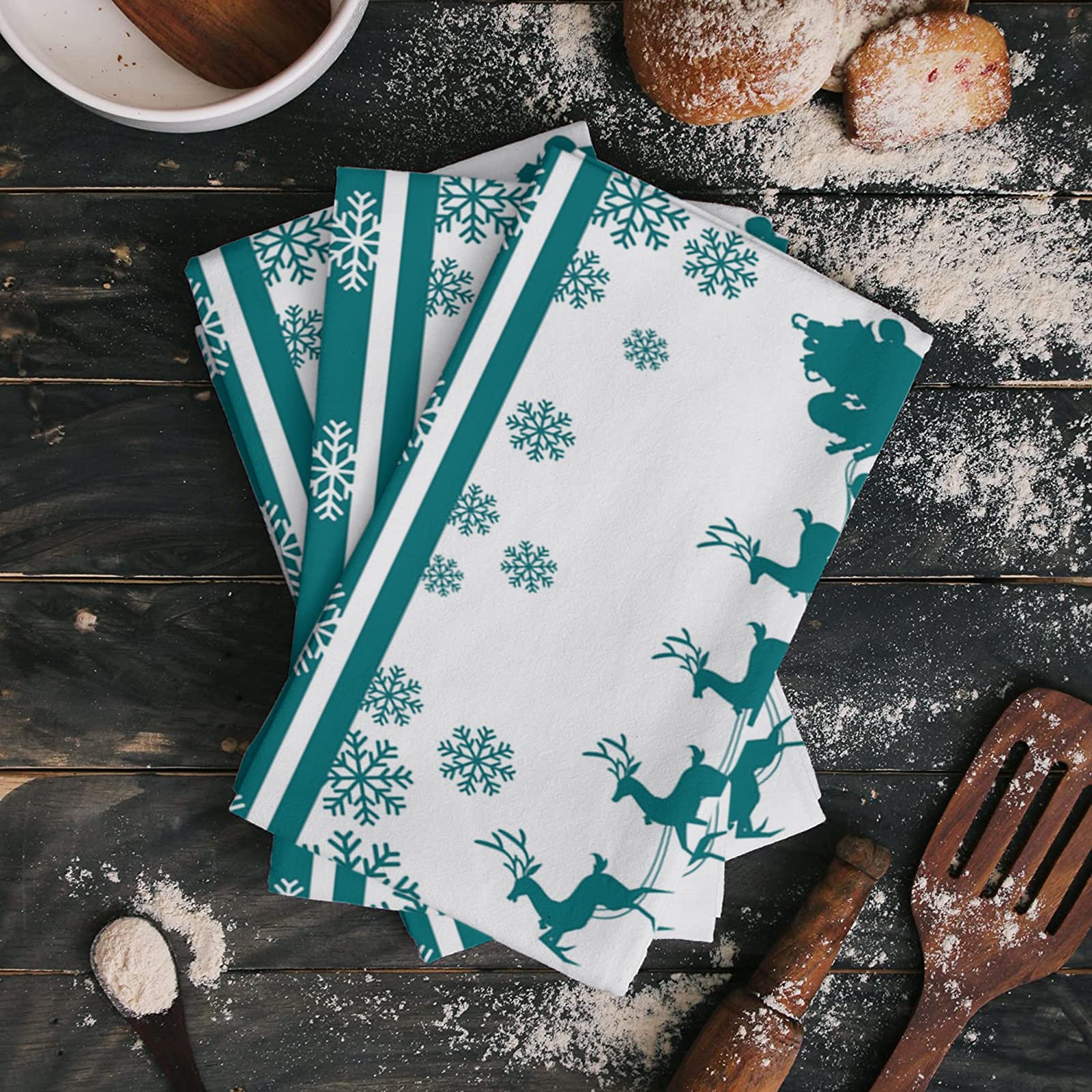 Christmas Snowflake Reindeer Teal Microfiber Kitchen Towels - Super Absorbent & Machine Washable Dish Towels (18