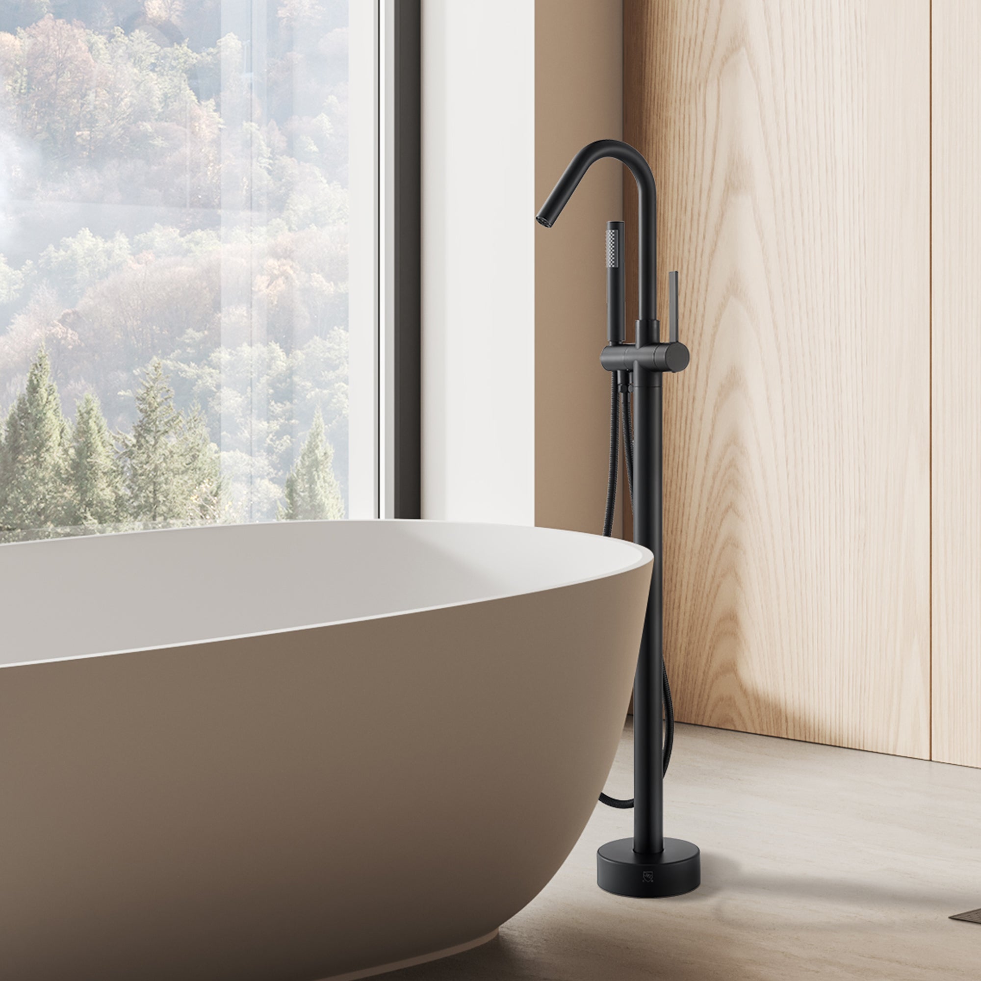 Marina Single Lever Freestanding Floor Mounted Bathtub Filler with Handheld Shower - Modern Bathroom Faucet for Luxury Soaking Tubs & Spa Experience
