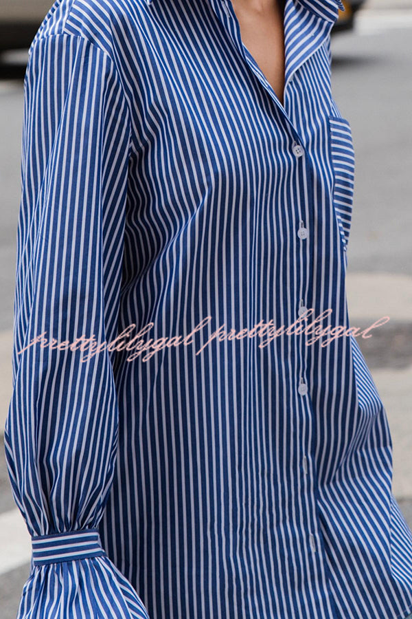 Women's Striped Print Ruffled Long Sleeve Blouse with Pockets - Casual Loose Fit Shirt for Work, Date Night & Everyday Wear