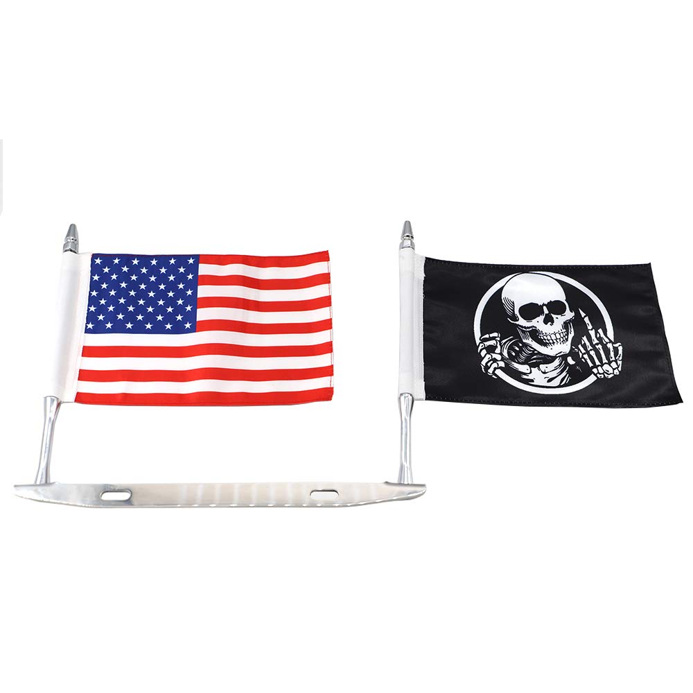 GUAIMI Double Motorcycle Flag Holder - License Plate Mounted for American Flag & Skeleton Middle Finger Flag | Durable Bike Accessories for Patriotism & Biker Pride (Ideal for Motorcycle Rallies, Parades & Road Trips)