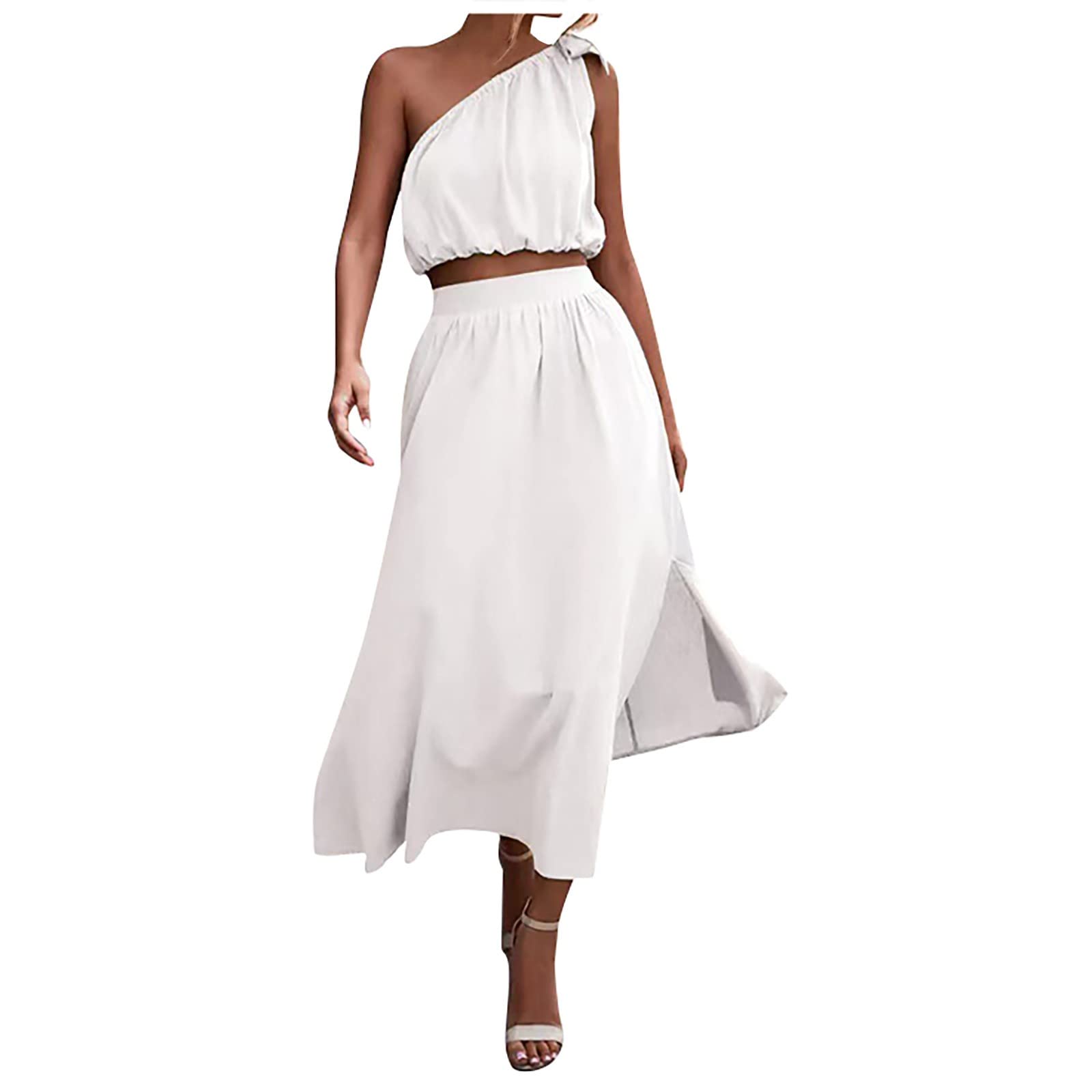 One Shoulder Sleeveless High Waist T-Shirt Dress for Women - Summer Fashion Solid Sundress for Holiday, Party & Beach Wear