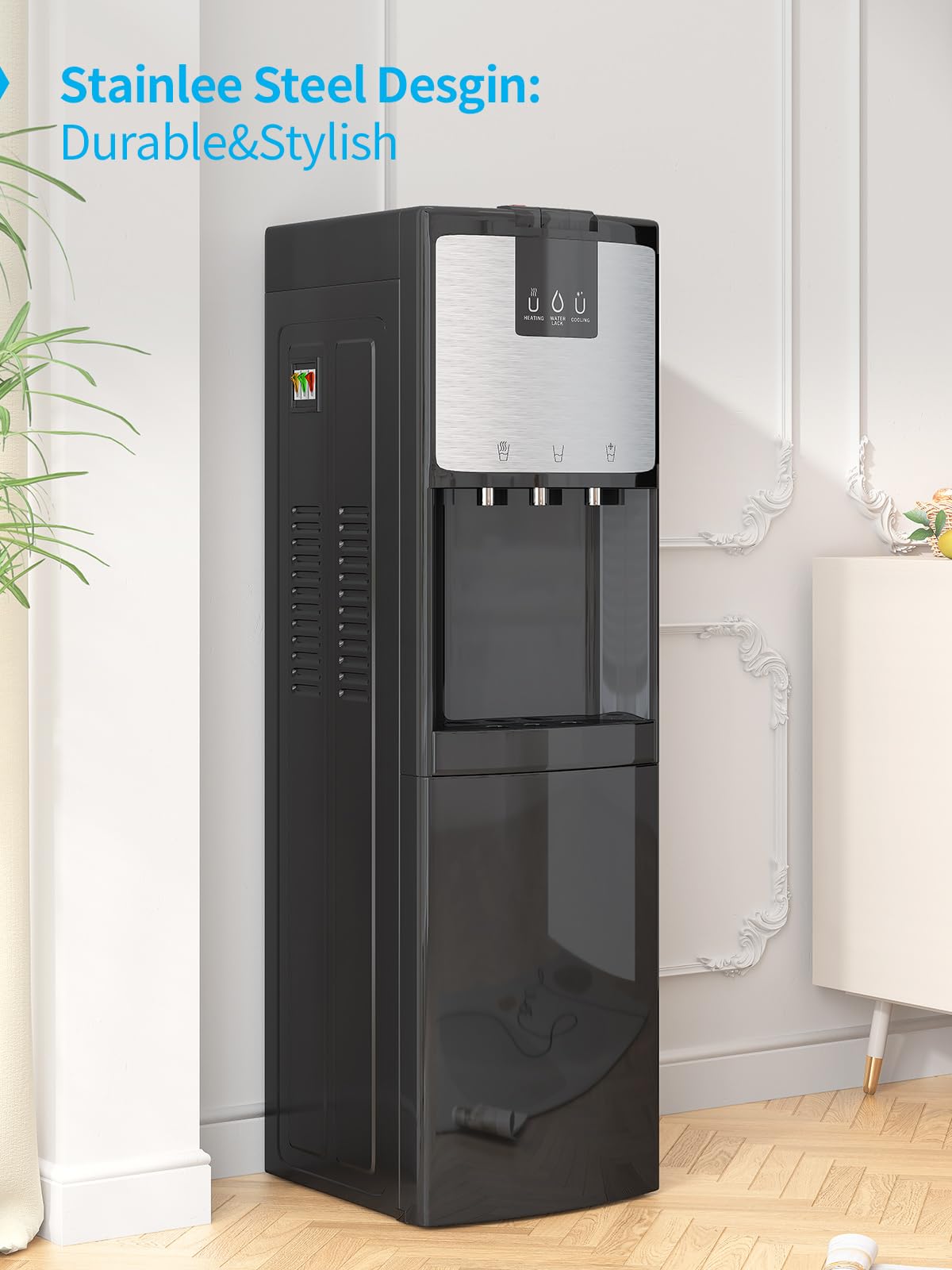 TABU Bottom Loading Water Cooler Dispenser - 3 Temperature Settings (Hot, Cold, Room) for 3/5 Gallon Bottles, Self-Cleaning Stainless Steel with Anti-Scalding & Child Safety Lock - Perfect for Home, Office, and Kitchen Use