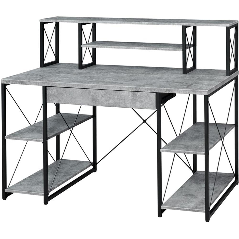 Acme Amiel Wooden 1-Drawer Writing Desk in Faux Concrete & Black - Modern Home Office Desk for Small Spaces, Study & Work from Home