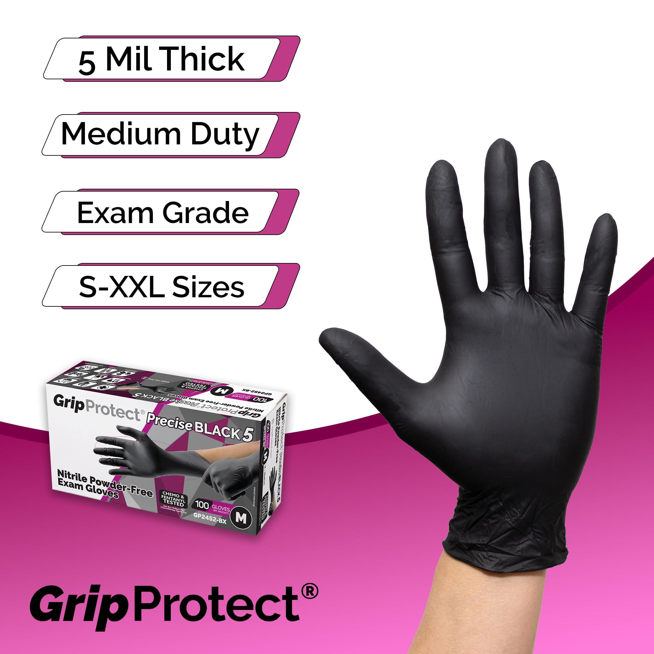 Nitrile Exam Gloves 5 Mil - Black GripProtect Precise 1000 Pack | Chemo-Rated, Powder-Free, Latex-Free | Medical, Dental, Tattoo, Food Service, Janitorial Use | Ideal for Healthcare Professionals, Tattoo Artists & Food Handlers