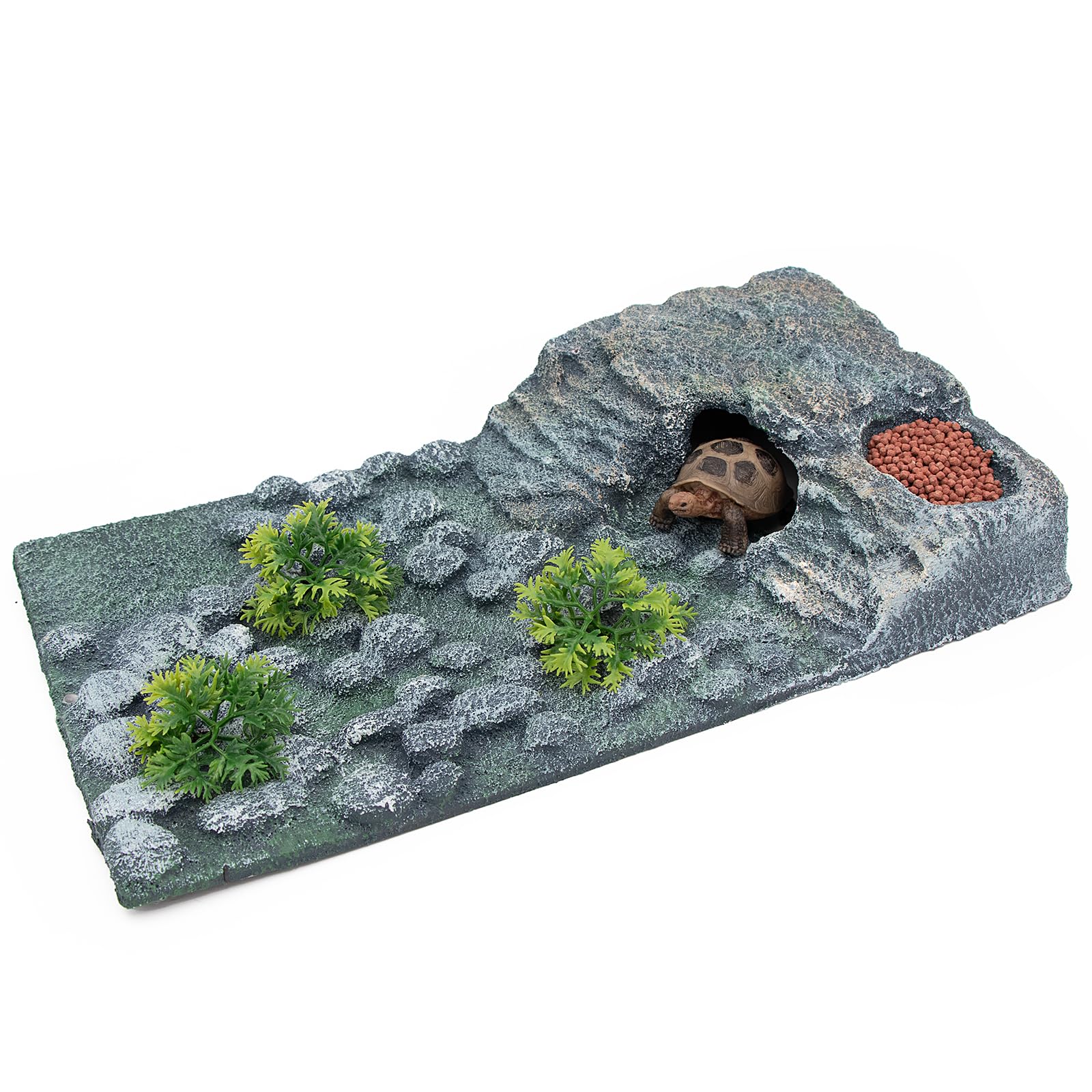 AQUA KT Turtle Ramp - Basking Platform & Hideout for Aquatic Turtles - Includes Food Bowl & Terrarium Plants - Complete Aquatic Turtle Habitat Decor Kit (1 Pack) - Perfect for Turtle Tanks, Aquariums & Reptile Enclosures