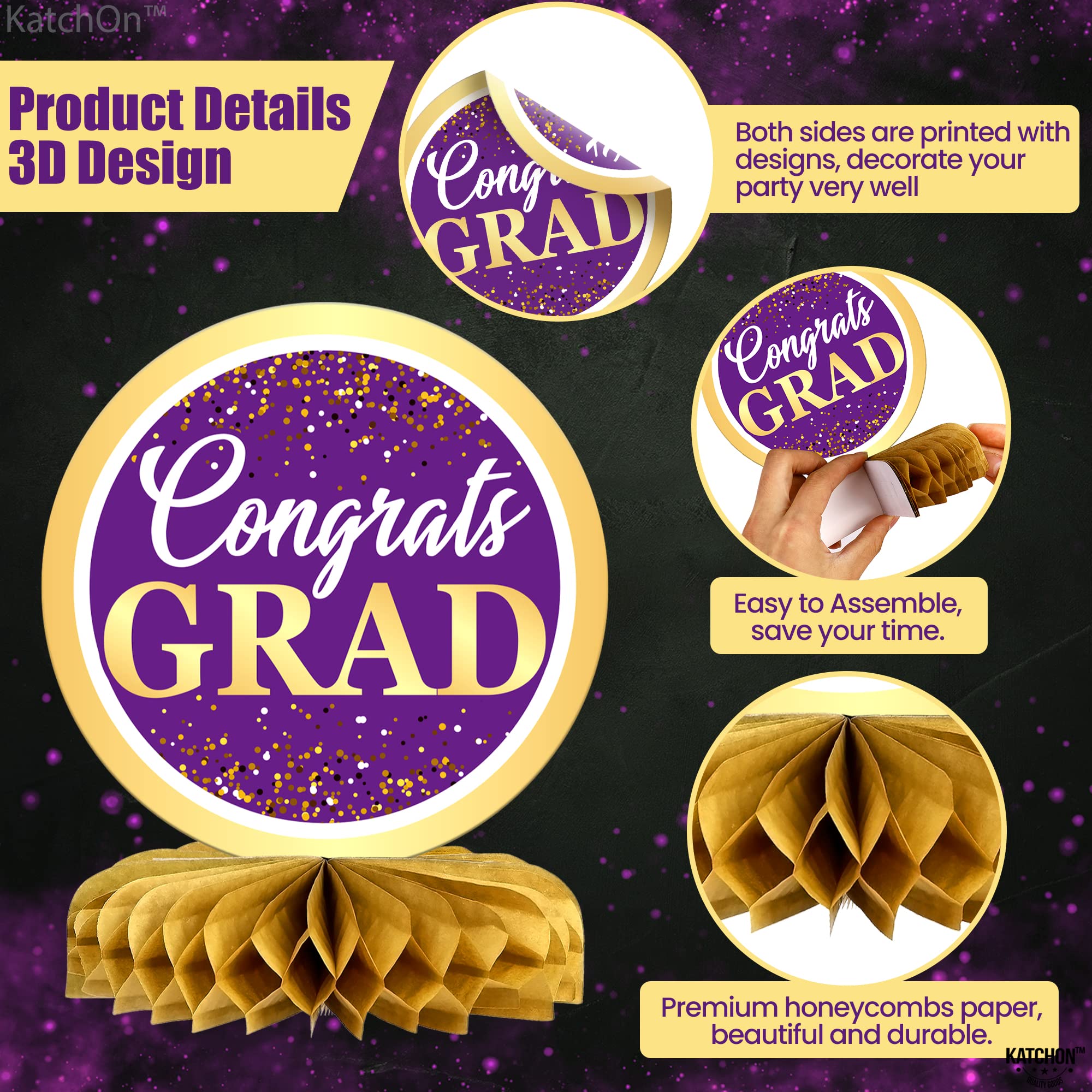 KatchOn Purple & Gold Graduation Centerpieces for Tables 2025 - Pack of 9 Honeycomb Decorations | Class of 2025 Graduation Party Decor | Perfect for Graduation Ceremonies, Banquets & Photo Backdrops