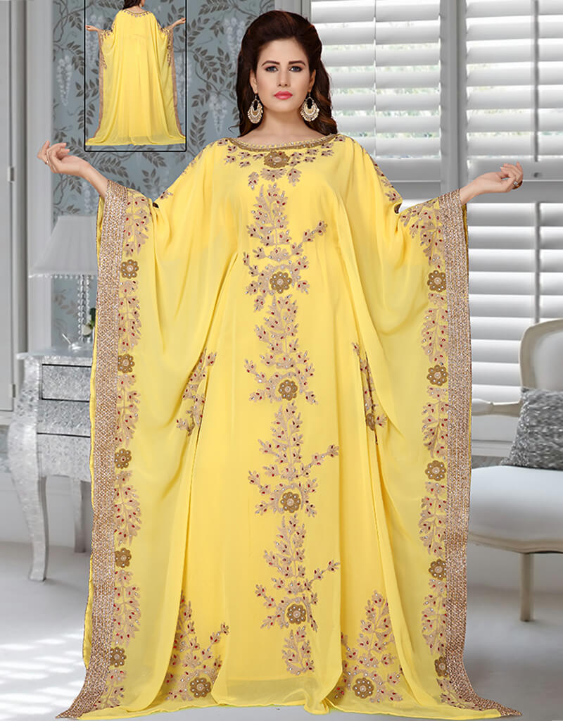 Arabic Yellow Georgette Hand Zari Embroidered Farasha Dress - Elegant Traditional Abaya for Special Occasions & Festivals