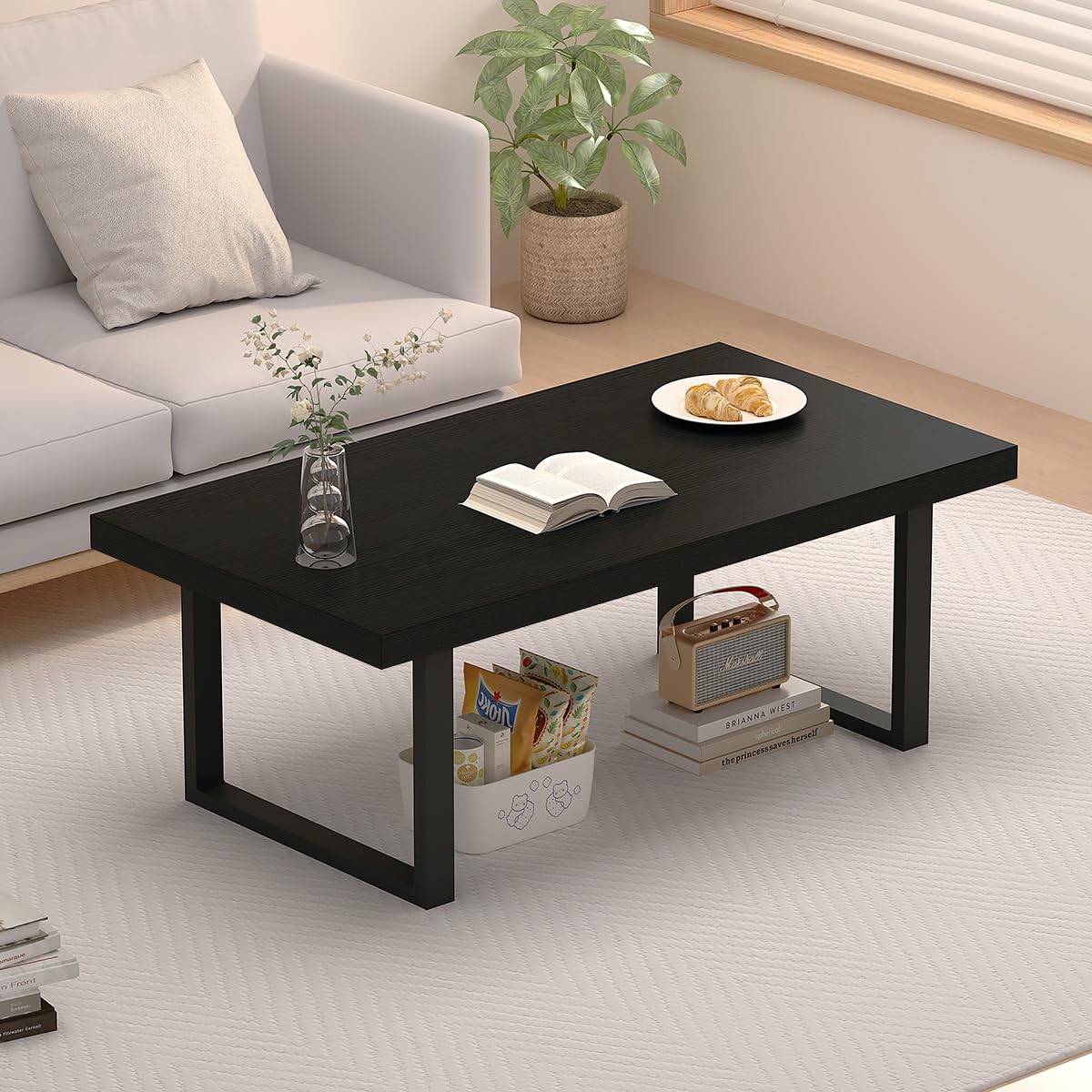 IBF Black Coffee Table - Minimalist Industrial Wooden Center Table for Living Room, Modern Rectangle Farmhouse Cocktail Table with Metal Frame, Home Office Bedroom Furniture, Black Oak Finish, 39 Inch - Perfect for Small Spaces, Apartments & Cozy Gatherings