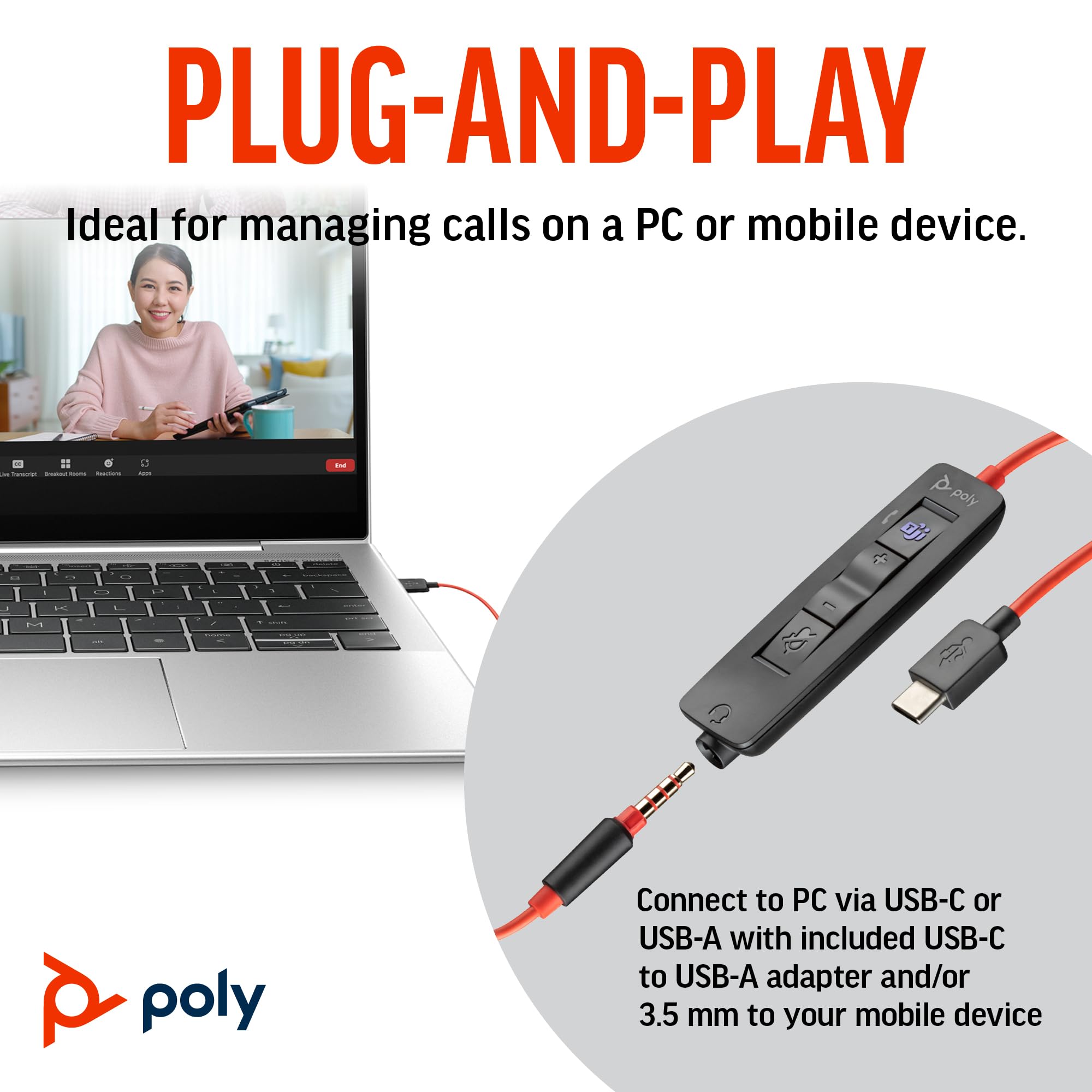 Poly Blackwire 3325 Wired Headset with Flexible Microphone Boom | Hi-Fi Stereo Sound | Compatible with PC, Mac & Mobile | Microsoft Teams Certified | Amazon Exclusive | Perfect for Remote Work, Online Meetings & Gaming