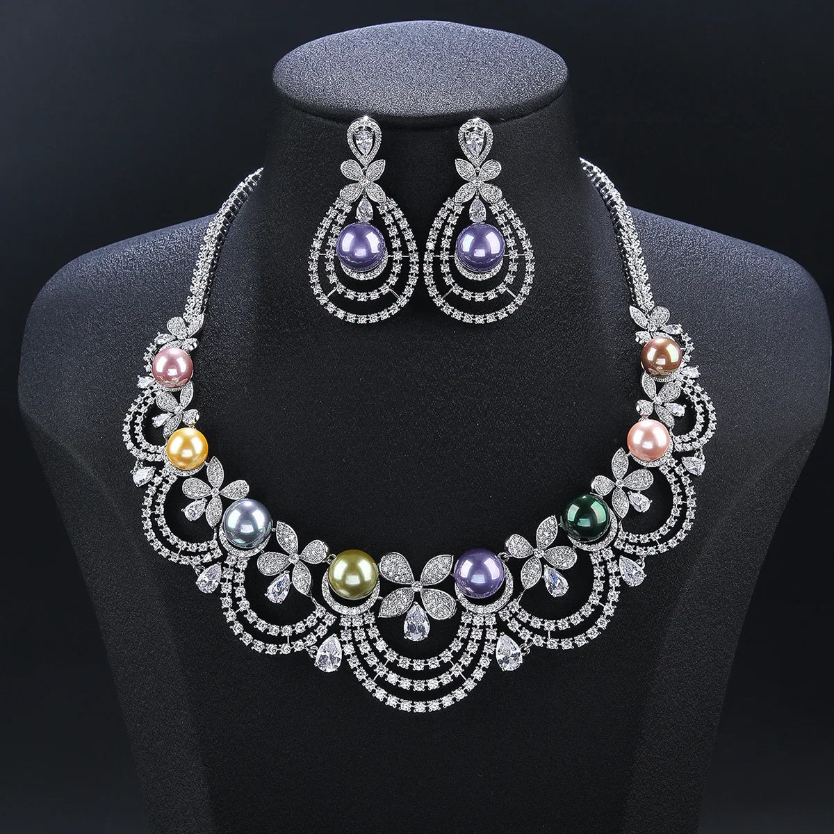 Luxury Cubic Zirconia Pearl Choker Necklace & Earrings Set - Bridal Wedding Jewelry for Women - Perfect for Prom, Anniversary & Special Occasions