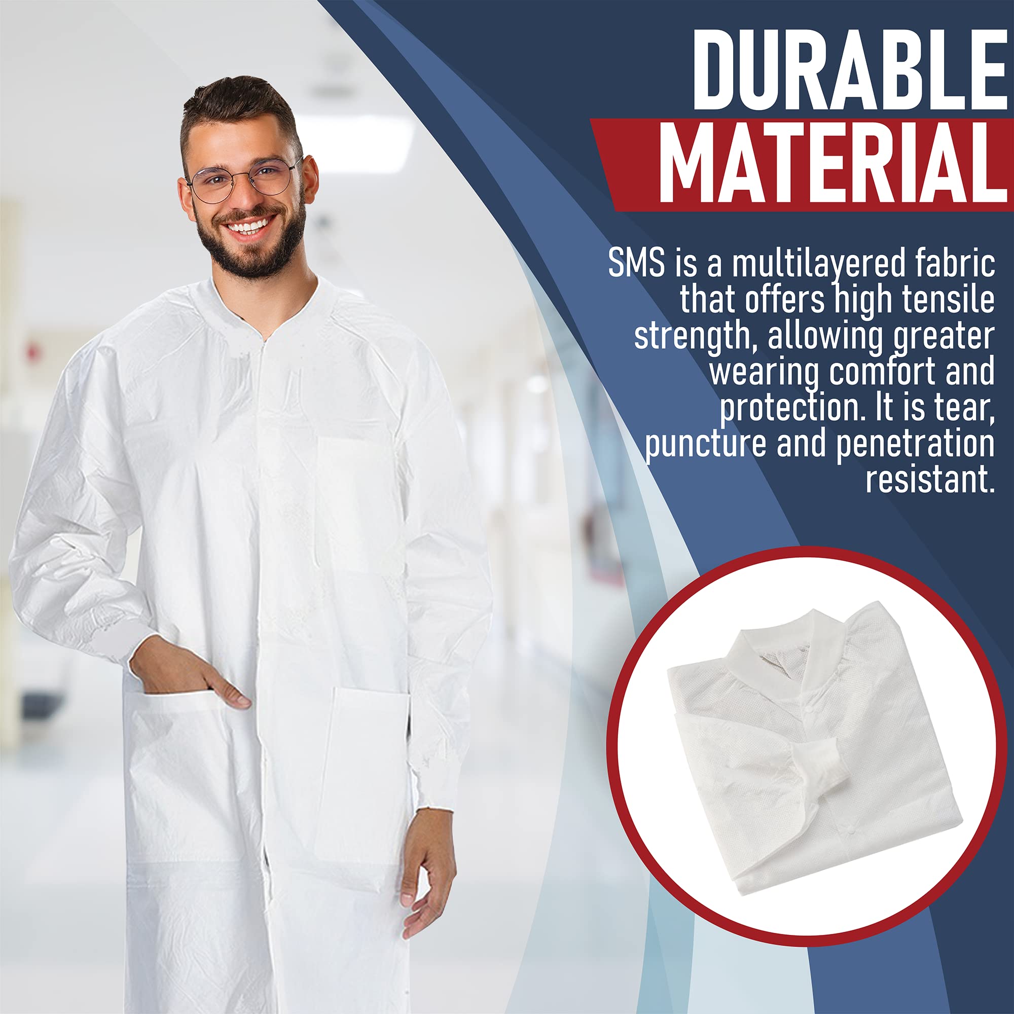 Disposable Lab Coats for Adults - White SMS Material with 3 Pockets | Durable & Comfortable Lab Wear (XS-5XL) | Perfect for Medical, Laboratory & Industrial Use