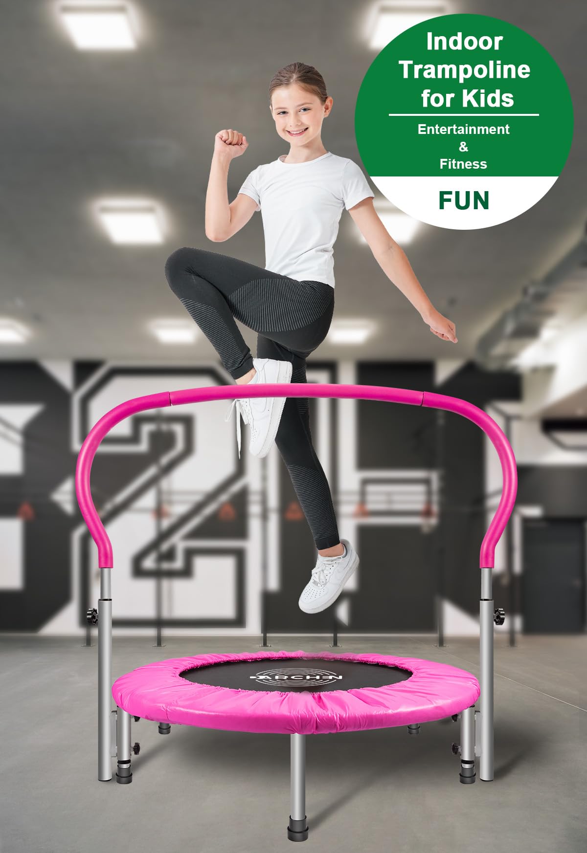 DARCHEN Foldable Mini Trampoline for Kids - Adjustable Foam Handle Indoor Trampoline for Home Gym, Exercise & Play - Perfect for Living Room, Backyard & Preschool Activities