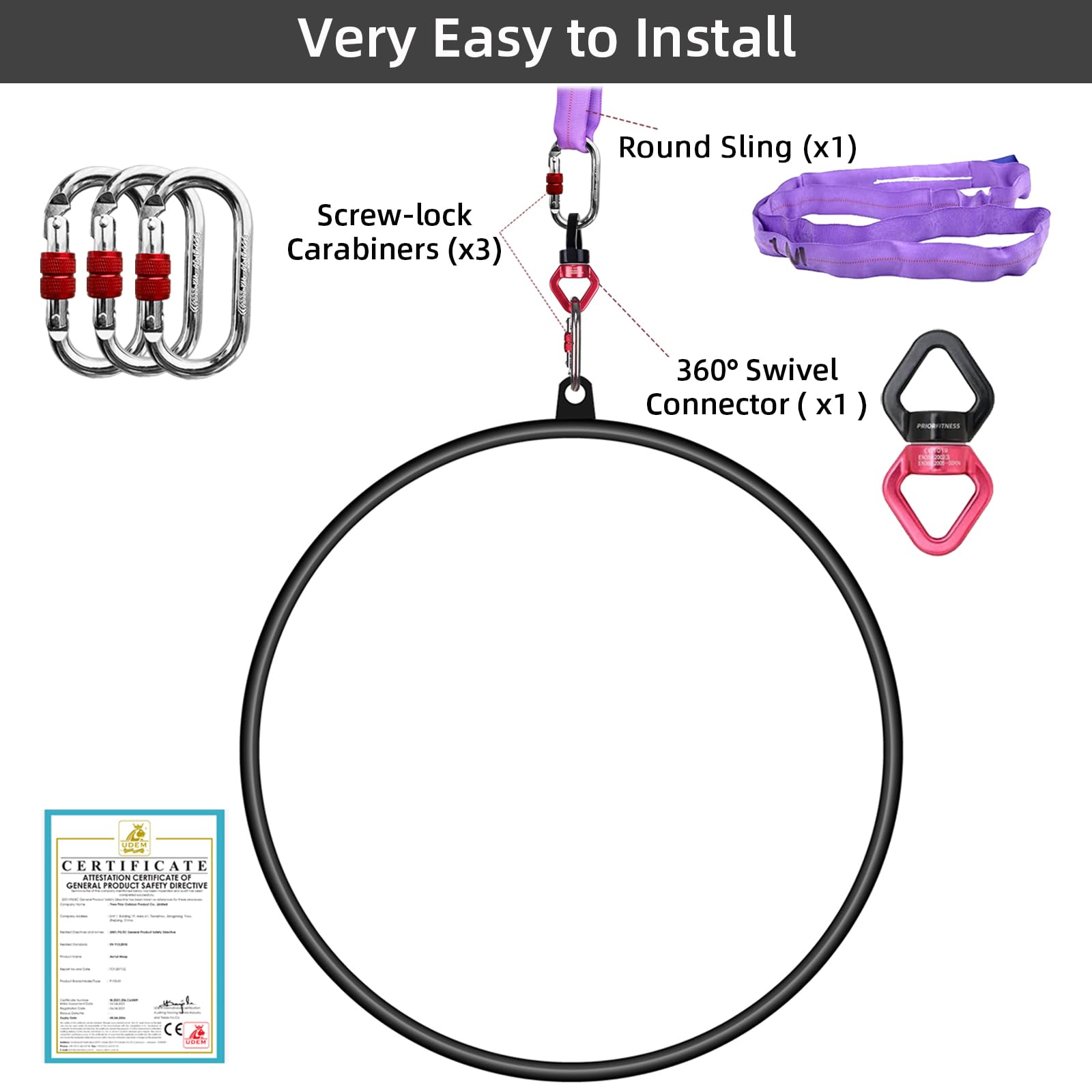 PRIOR FITNESS Professional Aerial Lyra Hoop Set for Adults - Stainless Steel Single Point Suspension Ring (25mm & 32mm Tube Diameter) - Perfect for Home Gym, Circus Training & Aerial Yoga
